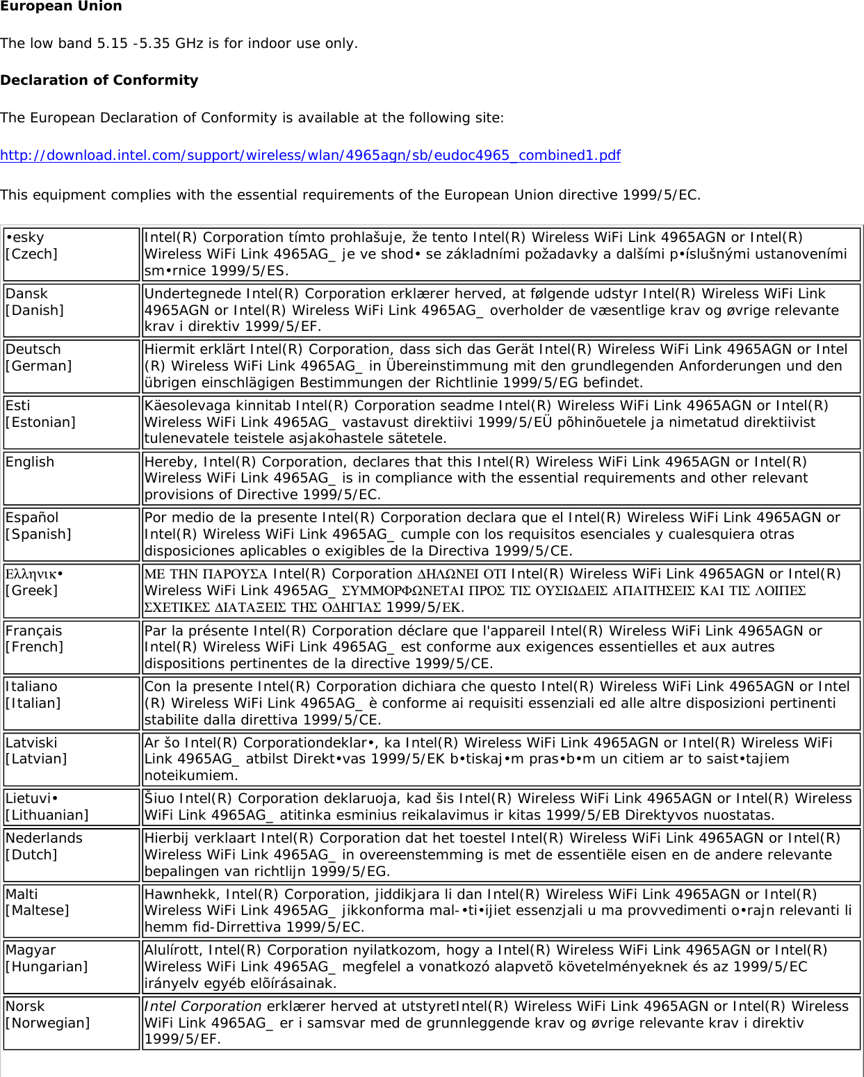 European Union The low band 5.15 -5.35 GHz is for indoor use only. Declaration of ConformityThe European Declaration of Conformity is available at the following site:http://download.intel.com/support/wireless/wlan/4965agn/sb/eudoc4965_combined1.pdfThis equipment complies with the essential requirements of the European Union directive 1999/5/EC. •esky [Czech] Intel(R) Corporation tímto prohlašuje, že tento Intel(R) Wireless WiFi Link 4965AGN or Intel(R) Wireless WiFi Link 4965AG_ je ve shod• se základními požadavky a dalšími p•íslušnými ustanoveními sm•rnice 1999/5/ES.Dansk [Danish] Undertegnede Intel(R) Corporation erklærer herved, at følgende udstyr Intel(R) Wireless WiFi Link 4965AGN or Intel(R) Wireless WiFi Link 4965AG_ overholder de væsentlige krav og øvrige relevante krav i direktiv 1999/5/EF.Deutsch [German] Hiermit erklärt Intel(R) Corporation, dass sich das Gerät Intel(R) Wireless WiFi Link 4965AGN or Intel(R) Wireless WiFi Link 4965AG_ in Übereinstimmung mit den grundlegenden Anforderungen und den übrigen einschlägigen Bestimmungen der Richtlinie 1999/5/EG befindet.Esti [Estonian] Käesolevaga kinnitab Intel(R) Corporation seadme Intel(R) Wireless WiFi Link 4965AGN or Intel(R) Wireless WiFi Link 4965AG_ vastavust direktiivi 1999/5/EÜ põhinõuetele ja nimetatud direktiivist tulenevatele teistele asjakohastele sätetele.English Hereby, Intel(R) Corporation, declares that this Intel(R) Wireless WiFi Link 4965AGN or Intel(R) Wireless WiFi Link 4965AG_ is in compliance with the essential requirements and other relevant provisions of Directive 1999/5/EC.Español [Spanish] Por medio de la presente Intel(R) Corporation declara que el Intel(R) Wireless WiFi Link 4965AGN or Intel(R) Wireless WiFi Link 4965AG_ cumple con los requisitos esenciales y cualesquiera otras disposiciones aplicables o exigibles de la Directiva 1999/5/CE.Ελληνικ• [Greek] ΜΕ ΤΗΝ ΠΑΡΟΥΣΑ Intel(R) Corporation ∆ΗΛΩΝΕΙ ΟΤΙ Intel(R) Wireless WiFi Link 4965AGN or Intel(R) Wireless WiFi Link 4965AG_ ΣΥΜΜΟΡΦΩΝΕΤΑΙ ΠΡΟΣ ΤΙΣ ΟΥΣΙΩ∆ΕΙΣ ΑΠΑΙΤΗΣΕΙΣ ΚΑΙ ΤΙΣ ΛΟΙΠΕΣ ΣΧΕΤΙΚΕΣ ∆ΙΑΤΑΞΕΙΣ ΤΗΣ Ο∆ΗΓΙΑΣ 1999/5/ΕΚ.Français [French] Par la présente Intel(R) Corporation déclare que l&apos;appareil Intel(R) Wireless WiFi Link 4965AGN or Intel(R) Wireless WiFi Link 4965AG_ est conforme aux exigences essentielles et aux autres dispositions pertinentes de la directive 1999/5/CE.Italiano [Italian] Con la presente Intel(R) Corporation dichiara che questo Intel(R) Wireless WiFi Link 4965AGN or Intel(R) Wireless WiFi Link 4965AG_ è conforme ai requisiti essenziali ed alle altre disposizioni pertinenti stabilite dalla direttiva 1999/5/CE.Latviski [Latvian] Ar šo Intel(R) Corporationdeklar•, ka Intel(R) Wireless WiFi Link 4965AGN or Intel(R) Wireless WiFi Link 4965AG_ atbilst Direkt•vas 1999/5/EK b•tiskaj•m pras•b•m un citiem ar to saist•tajiem noteikumiem.Lietuvi• [Lithuanian] Šiuo Intel(R) Corporation deklaruoja, kad šis Intel(R) Wireless WiFi Link 4965AGN or Intel(R) Wireless WiFi Link 4965AG_ atitinka esminius reikalavimus ir kitas 1999/5/EB Direktyvos nuostatas.Nederlands [Dutch] Hierbij verklaart Intel(R) Corporation dat het toestel Intel(R) Wireless WiFi Link 4965AGN or Intel(R) Wireless WiFi Link 4965AG_ in overeenstemming is met de essentiële eisen en de andere relevante bepalingen van richtlijn 1999/5/EG.Malti [Maltese] Hawnhekk, Intel(R) Corporation, jiddikjara li dan Intel(R) Wireless WiFi Link 4965AGN or Intel(R) Wireless WiFi Link 4965AG_ jikkonforma mal-•ti•ijiet essenzjali u ma provvedimenti o•rajn relevanti li hemm fid-Dirrettiva 1999/5/EC.Magyar [Hungarian] Alulírott, Intel(R) Corporation nyilatkozom, hogy a Intel(R) Wireless WiFi Link 4965AGN or Intel(R) Wireless WiFi Link 4965AG_ megfelel a vonatkozó alapvetõ követelményeknek és az 1999/5/EC irányelv egyéb elõírásainak.Norsk [Norwegian]  Intel Corporation erklærer herved at utstyretIntel(R) Wireless WiFi Link 4965AGN or Intel(R) Wireless WiFi Link 4965AG_ er i samsvar med de grunnleggende krav og øvrige relevante krav i direktiv 1999/5/EF.