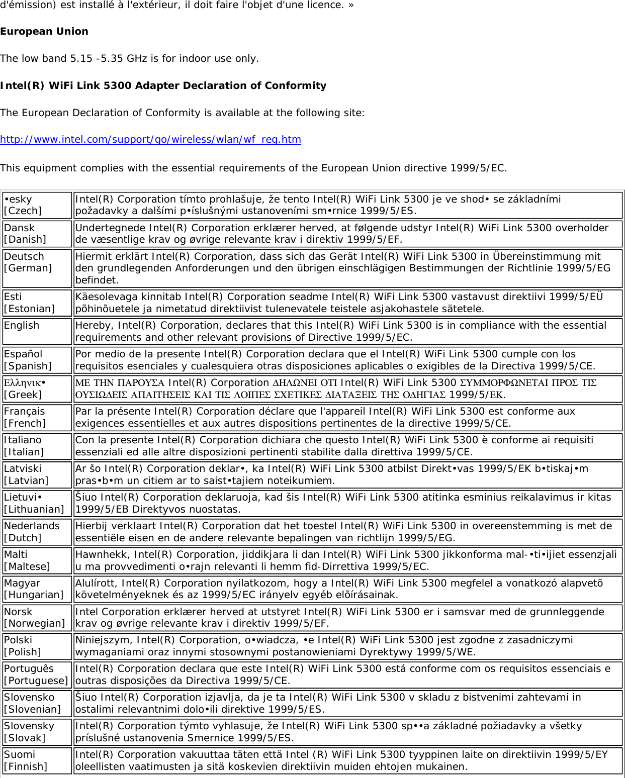 d&apos;émission) est installé à l&apos;extérieur, il doit faire l&apos;objet d&apos;une licence. » European Union The low band 5.15 -5.35 GHz is for indoor use only. Intel(R) WiFi Link 5300 Adapter Declaration of ConformityThe European Declaration of Conformity is available at the following site:http://www.intel.com/support/go/wireless/wlan/wf_reg.htmThis equipment complies with the essential requirements of the European Union directive 1999/5/EC.•esky [Czech] Intel(R) Corporation tímto prohlašuje, že tento Intel(R) WiFi Link 5300 je ve shod• se základními požadavky a dalšími p•íslušnými ustanoveními sm•rnice 1999/5/ES.Dansk [Danish] Undertegnede Intel(R) Corporation erklærer herved, at følgende udstyr Intel(R) WiFi Link 5300 overholder de væsentlige krav og øvrige relevante krav i direktiv 1999/5/EF.Deutsch [German] Hiermit erklärt Intel(R) Corporation, dass sich das Gerät Intel(R) WiFi Link 5300 in Übereinstimmung mit den grundlegenden Anforderungen und den übrigen einschlägigen Bestimmungen der Richtlinie 1999/5/EG befindet. Esti [Estonian] Käesolevaga kinnitab Intel(R) Corporation seadme Intel(R) WiFi Link 5300 vastavust direktiivi 1999/5/EÜ põhinõuetele ja nimetatud direktiivist tulenevatele teistele asjakohastele sätetele.English Hereby, Intel(R) Corporation, declares that this Intel(R) WiFi Link 5300 is in compliance with the essential requirements and other relevant provisions of Directive 1999/5/EC.Español [Spanish] Por medio de la presente Intel(R) Corporation declara que el Intel(R) WiFi Link 5300 cumple con los requisitos esenciales y cualesquiera otras disposiciones aplicables o exigibles de la Directiva 1999/5/CE. Ελληνικ• [Greek] ΜΕ ΤΗΝ ΠΑΡΟΥΣΑ Intel(R) Corporation ∆ΗΛΩΝΕΙ ΟΤΙ Intel(R) WiFi Link 5300 ΣΥΜΜΟΡΦΩΝΕΤΑΙ ΠΡΟΣ ΤΙΣ ΟΥΣΙΩ∆ΕΙΣ ΑΠΑΙΤΗΣΕΙΣ ΚΑΙ ΤΙΣ ΛΟΙΠΕΣ ΣΧΕΤΙΚΕΣ ∆ΙΑΤΑΞΕΙΣ ΤΗΣ Ο∆ΗΓΙΑΣ 1999/5/ΕΚ.Français [French] Par la présente Intel(R) Corporation déclare que l&apos;appareil Intel(R) WiFi Link 5300 est conforme aux exigences essentielles et aux autres dispositions pertinentes de la directive 1999/5/CE. Italiano [Italian] Con la presente Intel(R) Corporation dichiara che questo Intel(R) WiFi Link 5300 è conforme ai requisiti essenziali ed alle altre disposizioni pertinenti stabilite dalla direttiva 1999/5/CE. Latviski [Latvian] Ar šo Intel(R) Corporation deklar•, ka Intel(R) WiFi Link 5300 atbilst Direkt•vas 1999/5/EK b•tiskaj•m pras•b•m un citiem ar to saist•tajiem noteikumiem.Lietuvi• [Lithuanian] Šiuo Intel(R) Corporation deklaruoja, kad šis Intel(R) WiFi Link 5300 atitinka esminius reikalavimus ir kitas 1999/5/EB Direktyvos nuostatas.Nederlands [Dutch] Hierbij verklaart Intel(R) Corporation dat het toestel Intel(R) WiFi Link 5300 in overeenstemming is met de essentiële eisen en de andere relevante bepalingen van richtlijn 1999/5/EG. Malti [Maltese] Hawnhekk, Intel(R) Corporation, jiddikjara li dan Intel(R) WiFi Link 5300 jikkonforma mal-•ti•ijiet essenzjali u ma provvedimenti o•rajn relevanti li hemm fid-Dirrettiva 1999/5/EC.Magyar [Hungarian] Alulírott, Intel(R) Corporation nyilatkozom, hogy a Intel(R) WiFi Link 5300 megfelel a vonatkozó alapvetõ követelményeknek és az 1999/5/EC irányelv egyéb elõírásainak.Norsk [Norwegian] Intel Corporation erklærer herved at utstyret Intel(R) WiFi Link 5300 er i samsvar med de grunnleggende krav og øvrige relevante krav i direktiv 1999/5/EF.Polski [Polish] Niniejszym, Intel(R) Corporation, o•wiadcza, •e Intel(R) WiFi Link 5300 jest zgodne z zasadniczymi wymaganiami oraz innymi stosownymi postanowieniami Dyrektywy 1999/5/WE.Português [Portuguese] Intel(R) Corporation declara que este Intel(R) WiFi Link 5300 está conforme com os requisitos essenciais e outras disposições da Directiva 1999/5/CE. Slovensko [Slovenian] Šiuo Intel(R) Corporation izjavlja, da je ta Intel(R) WiFi Link 5300 v skladu z bistvenimi zahtevami in ostalimi relevantnimi dolo•ili direktive 1999/5/ES.Slovensky [Slovak] Intel(R) Corporation týmto vyhlasuje, že Intel(R) WiFi Link 5300 sp••a základné požiadavky a všetky príslušné ustanovenia Smernice 1999/5/ES.Suomi [Finnish] Intel(R) Corporation vakuuttaa täten että Intel (R) WiFi Link 5300 tyyppinen laite on direktiivin 1999/5/EY oleellisten vaatimusten ja sitä koskevien direktiivin muiden ehtojen mukainen. 