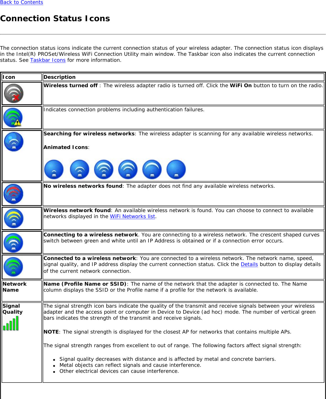 Back to ContentsConnection Status IconsThe connection status icons indicate the current connection status of your wireless adapter. The connection status icon displays in the Intel(R) PROSet/Wireless WiFi Connection Utility main window. The Taskbar icon also indicates the current connection status. See Taskbar Icons for more information.Icon DescriptionWireless turned off : The wireless adapter radio is turned off. Click the WiFi On button to turn on the radio.Indicates connection problems including authentication failures.Searching for wireless networks: The wireless adapter is scanning for any available wireless networks.Animated Icons:No wireless networks found: The adapter does not find any available wireless networks.Wireless network found: An available wireless network is found. You can choose to connect to available networks displayed in the WiFi Networks list.Connecting to a wireless network. You are connecting to a wireless network. The crescent shaped curves switch between green and white until an IP Address is obtained or if a connection error occurs.Connected to a wireless network: You are connected to a wireless network. The network name, speed, signal quality, and IP address display the current connection status. Click the Details button to display details of the current network connection.Network Name Name (Profile Name or SSID): The name of the network that the adapter is connected to. The Name column displays the SSID or the Profile name if a profile for the network is available.Signal Quality The signal strength icon bars indicate the quality of the transmit and receive signals between your wireless adapter and the access point or computer in Device to Device (ad hoc) mode. The number of vertical green bars indicates the strength of the transmit and receive signals. NOTE: The signal strength is displayed for the closest AP for networks that contains multiple APs.The signal strength ranges from excellent to out of range. The following factors affect signal strength: ●     Signal quality decreases with distance and is affected by metal and concrete barriers. ●     Metal objects can reflect signals and cause interference. ●     Other electrical devices can cause interference. 