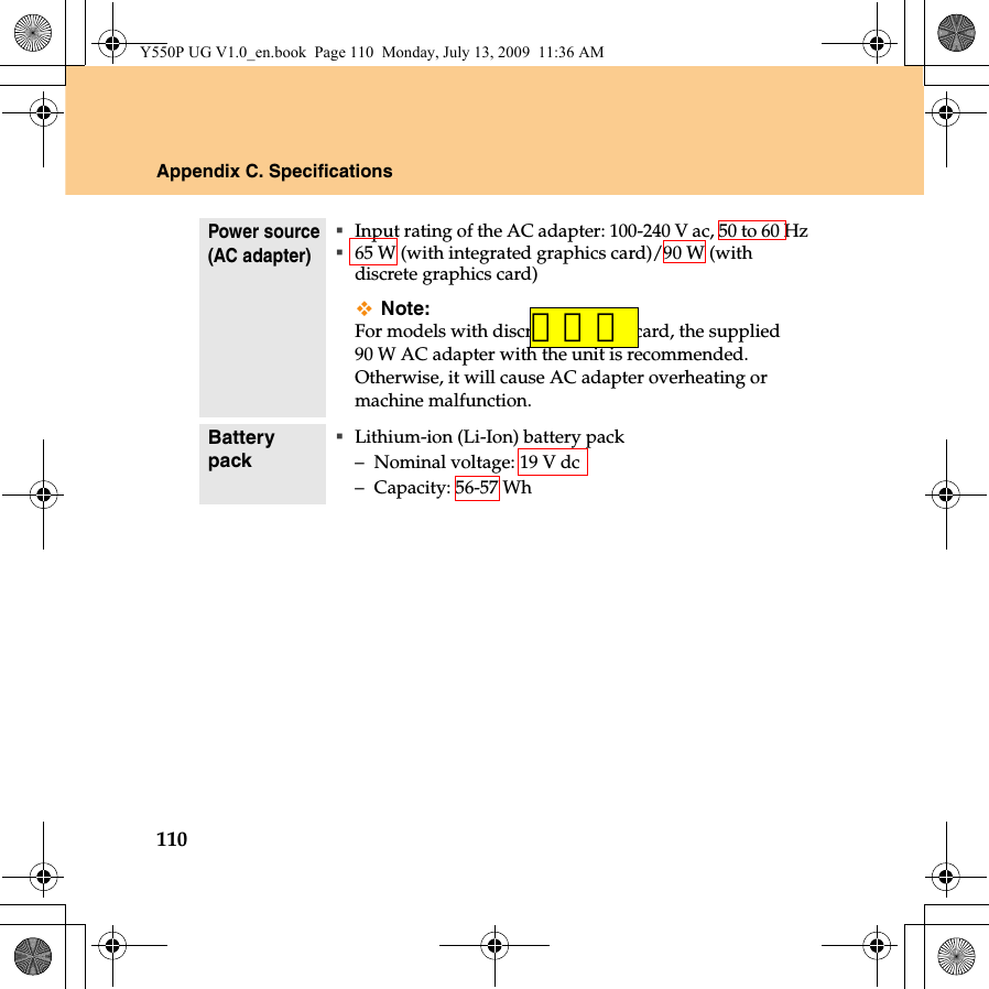 110Appendix C. SpecificationsPower source(AC adapter)Input rating of the AC adapter: 100-240 V ac, 50 to 60 Hz65 W (with integrated graphics card)/90 W (with discrete graphics card)Note:For models with discrete graphics card, the supplied 90 W AC adapter with the unit is recommended. Otherwise, it will cause AC adapter overheating or machine malfunction.Battery packLithium-ion (Li-Ion) battery pack– Nominal voltage: 19 V dc– Capacity: 56-57 WhY550P UG V1.0_en.book  Page 110  Monday, July 13, 2009  11:36 AM待确认