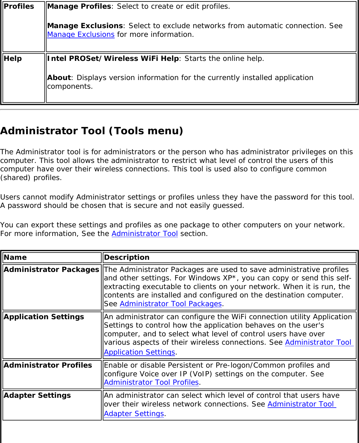 Profiles Manage Profiles: Select to create or edit profiles.Manage Exclusions: Select to exclude networks from automatic connection. See Manage Exclusions for more information.Help Intel PROSet/Wireless WiFi Help: Starts the online help.About: Displays version information for the currently installed application components.Administrator Tool (Tools menu)The Administrator tool is for administrators or the person who has administrator privileges on this computer. This tool allows the administrator to restrict what level of control the users of this computer have over their wireless connections. This tool is used also to configure common (shared) profiles.Users cannot modify Administrator settings or profiles unless they have the password for this tool. A password should be chosen that is secure and not easily guessed.You can export these settings and profiles as one package to other computers on your network. For more information, See the Administrator Tool section.Name DescriptionAdministrator Packages The Administrator Packages are used to save administrative profiles and other settings. For Windows XP*, you can copy or send this self-extracting executable to clients on your network. When it is run, the contents are installed and configured on the destination computer. See Administrator Tool Packages.Application Settings An administrator can configure the WiFi connection utility Application Settings to control how the application behaves on the user&apos;s computer, and to select what level of control users have over various aspects of their wireless connections. See Administrator Tool Application Settings.Administrator Profiles Enable or disable Persistent or Pre-logon/Common profiles and configure Voice over IP (VoIP) settings on the computer. See Administrator Tool Profiles.Adapter Settings An administrator can select which level of control that users have over their wireless network connections. See Administrator Tool Adapter Settings.