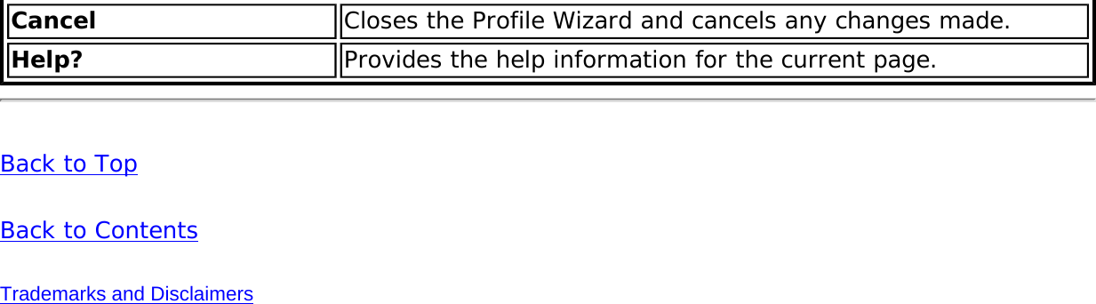 Cancel  Closes the Profile Wizard and cancels any changes made.Help? Provides the help information for the current page.Back to TopBack to ContentsTrademarks and Disclaimers