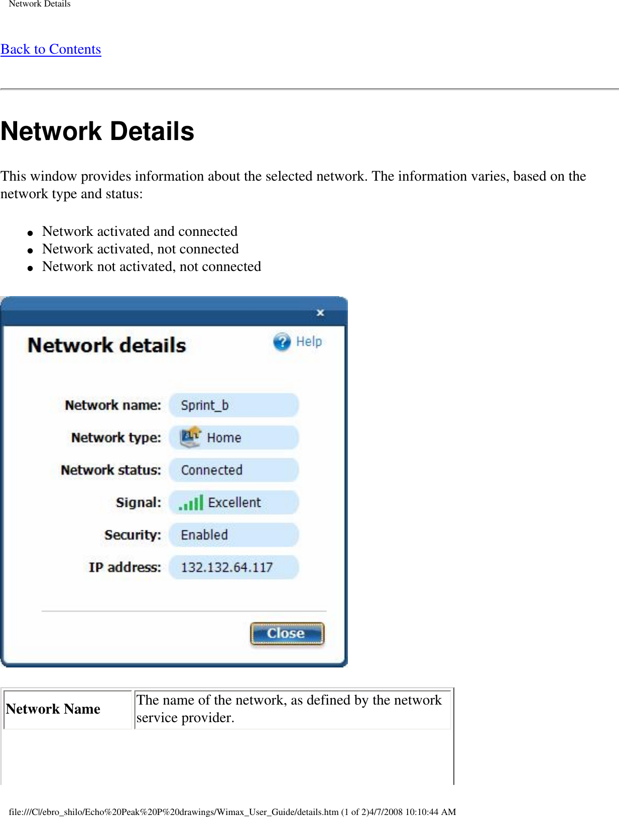 Page 1 of Intel 533ANXM Intel WiFi/WiMax Link 5350 User Manual Network Details