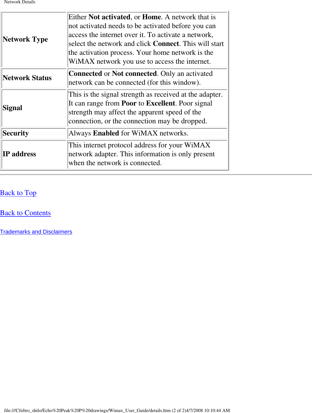 Page 2 of Intel 533ANXM Intel WiFi/WiMax Link 5350 User Manual Network Details