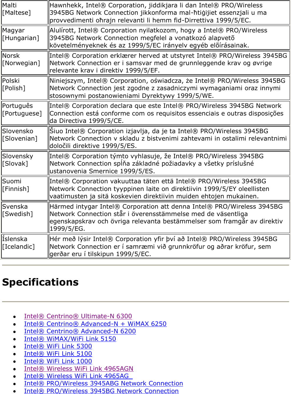 Malti [Maltese] Hawnhekk, Intel® Corporation, jiddikjara li dan Intel® PRO/Wireless 3945BG Network Connection jikkonforma mal-ħtiġijiet essenzjali u ma provvedimenti oħrajn relevanti li hemm fid-Dirrettiva 1999/5/EC. Magyar [Hungarian] Alulírott, Intel® Corporation nyilatkozom, hogy a Intel® PRO/Wireless 3945BG Network Connection megfelel a vonatkozó alapvetõ követelményeknek és az 1999/5/EC irányelv egyéb elõírásainak. Norsk [Norwegian] Intel® Corporation erklærer herved at utstyret Intel® PRO/Wireless 3945BG Network Connection er i samsvar med de grunnleggende krav og øvrige relevante krav i direktiv 1999/5/EF. Polski [Polish] Niniejszym, Intel® Corporation, oświadcza, że Intel® PRO/Wireless 3945BG Network Connection jest zgodne z zasadniczymi wymaganiami oraz innymi stosownymi postanowieniami Dyrektywy 1999/5/WE. Português [Portuguese] Intel® Corporation declara que este Intel® PRO/Wireless 3945BG Network Connection está conforme com os requisitos essenciais e outras disposições da Directiva 1999/5/CE.  Slovensko [Slovenian] Šiuo Intel® Corporation izjavlja, da je ta Intel® PRO/Wireless 3945BG Network Connection v skladu z bistvenimi zahtevami in ostalimi relevantnimi določili direktive 1999/5/ES. Slovensky [Slovak] Intel® Corporation týmto vyhlasuje, že Intel® PRO/Wireless 3945BG Network Connection spĺňa základné požiadavky a všetky príslušné ustanovenia Smernice 1999/5/ES. Suomi [Finnish] Intel® Corporation vakuuttaa täten että Intel® PRO/Wireless 3945BG Network Connection tyyppinen laite on direktiivin 1999/5/EY oleellisten vaatimusten ja sitä koskevien direktiivin muiden ehtojen mukainen.  Svenska [Swedish] Härmed intygar Intel® Corporation att denna Intel® PRO/Wireless 3945BG Network Connection står i överensstämmelse med de väsentliga egenskapskrav och övriga relevanta bestämmelser som framgår av direktiv 1999/5/EG. Íslenska [Icelandic] Hér með lýsir Intel® Corporation yfir því að Intel® PRO/Wireless 3945BG Network Connection er í samræmi við grunnkröfur og aðrar kröfur, sem gerðar eru í tilskipun 1999/5/EC.  Specifications   Intel® Centrino® Ultimate-N 6300  Intel® Centrino® Advanced-N + WiMAX 6250  Intel® Centrino® Advanced-N 6200  Intel® WiMAX/WiFi Link 5150  Intel® WiFi Link 5300  Intel® WiFi Link 5100  Intel® WiFi Link 1000  Intel® Wireless WiFi Link 4965AGN  Intel® Wireless WiFi Link 4965AG_  Intel® PRO/Wireless 3945ABG Network Connection  Intel® PRO/Wireless 3945BG Network Connection 