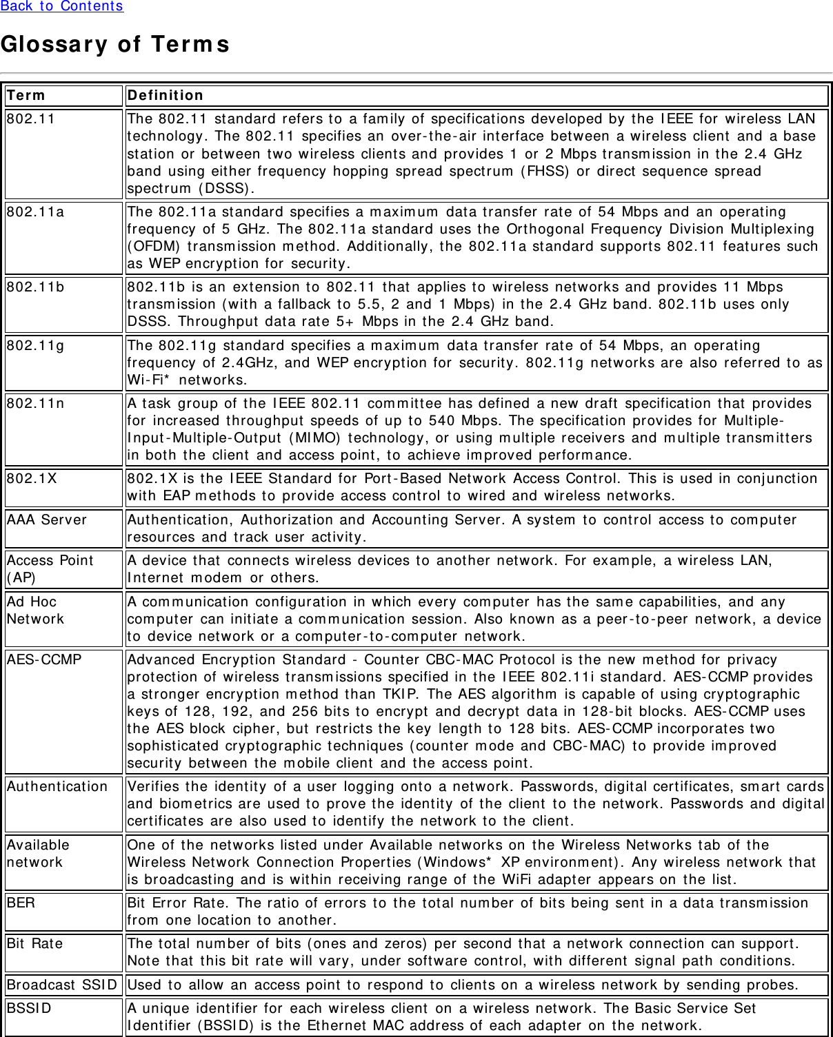 Back to ContentsGlossary of TermsTerm Definition802.11 The 802.11 standard refers to a family of specifications developed by the IEEE for wireless LANtechnology. The 802.11 specifies an over-the-air interface between a wireless client and a basestation or between two wireless clients and provides 1 or 2 Mbps transmission in the 2.4 GHzband using either frequency hopping spread spectrum (FHSS) or direct sequence spreadspectrum (DSSS).802.11a The 802.11a standard specifies a maximum data transfer rate of 54 Mbps and an operatingfrequency of 5 GHz. The 802.11a standard uses the Orthogonal Frequency Division Multiplexing(OFDM) transmission method. Additionally, the 802.11a standard supports 802.11 features suchas WEP encryption for security.802.11b 802.11b is an extension to 802.11 that applies to wireless networks and provides 11 Mbpstransmission (with a fallback to 5.5, 2 and 1 Mbps) in the 2.4 GHz band. 802.11b uses onlyDSSS. Throughput data rate 5+ Mbps in the 2.4 GHz band.802.11g The 802.11g standard specifies a maximum data transfer rate of 54 Mbps, an operatingfrequency of 2.4GHz, and WEP encryption for security. 802.11g networks are also referred to asWi-Fi* networks.802.11n A task group of the IEEE 802.11 committee has defined a new draft specification that providesfor increased throughput speeds of up to 540 Mbps. The specification provides for Multiple-Input-Multiple-Output (MIMO) technology, or using multiple receivers and multiple transmittersin both the client and access point, to achieve improved performance.802.1X 802.1X is the IEEE Standard for Port-Based Network Access Control. This is used in conjunctionwith EAP methods to provide access control to wired and wireless networks.AAA Server Authentication, Authorization and Accounting Server. A system to control access to computerresources and track user activity.Access Point(AP) A device that connects wireless devices to another network. For example, a wireless LAN,Internet modem or others.Ad HocNetwork A communication configuration in which every computer has the same capabilities, and anycomputer can initiate a communication session. Also known as a peer-to-peer network, a deviceto device network or a computer-to-computer network.AES-CCMP Advanced Encryption Standard - Counter CBC-MAC Protocol is the new method for privacyprotection of wireless transmissions specified in the IEEE 802.11i standard. AES-CCMP providesa stronger encryption method than TKIP. The AES algorithm is capable of using cryptographickeys of 128, 192, and 256 bits to encrypt and decrypt data in 128-bit blocks. AES-CCMP usesthe AES block cipher, but restricts the key length to 128 bits. AES-CCMP incorporates twosophisticated cryptographic techniques (counter mode and CBC-MAC) to provide improvedsecurity between the mobile client and the access point.Authentication Verifies the identity of a user logging onto a network. Passwords, digital certificates, smart cardsand biometrics are used to prove the identity of the client to the network. Passwords and digitalcertificates are also used to identify the network to the client.Availablenetwork One of the networks listed under Available networks on the Wireless Networks tab of theWireless Network Connection Properties (Windows* XP environment). Any wireless network thatis broadcasting and is within receiving range of the WiFi adapter appears on the list.BER Bit Error Rate. The ratio of errors to the total number of bits being sent in a data transmissionfrom one location to another.Bit Rate The total number of bits (ones and zeros) per second that a network connection can support.Note that this bit rate will vary, under software control, with different signal path conditions.Broadcast SSID Used to allow an access point to respond to clients on a wireless network by sending probes.BSSID A unique identifier for each wireless client on a wireless network. The Basic Service SetIdentifier (BSSID) is the Ethernet MAC address of each adapter on the network.