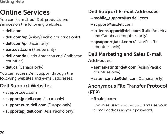 70Getting Help Online ServicesYou can learn about Dell products and services on the following websites: dell.com•dell.com/ap•  (Asian/Pacific countries only)dell.com/jp•  (Japan only)euro.dell.com•  (Europe only)dell.com/la•  (Latin American and Caribbean countries)dell.ca•  (Canada only)You can access Dell Support through the following websites and e‑mail addresses:Dell Support Websitessupport.dell.com•support.jp.dell.com•  (Japan only)support.euro.dell.com•  (Europe only)supportapj.dell.com•  (Asia Pacific only)Dell Support E-mail Addressesmobile_support@us.dell.com•support@us.dell.com•  la-techsupport@dell.com•  (Latin America and Caribbean countries only)apsupport@dell.com•  (Asian/Pacific countries only)Dell Marketing and Sales E-mail Addressesapmarketing@dell.com•  (Asian/Pacific countries only)sales_canada@dell.com•  (Canada only)Anonymous File Transfer Protocol (FTP)ftp.dell.com•Log in as user: anonymous, and use your e‑mail address as your password.