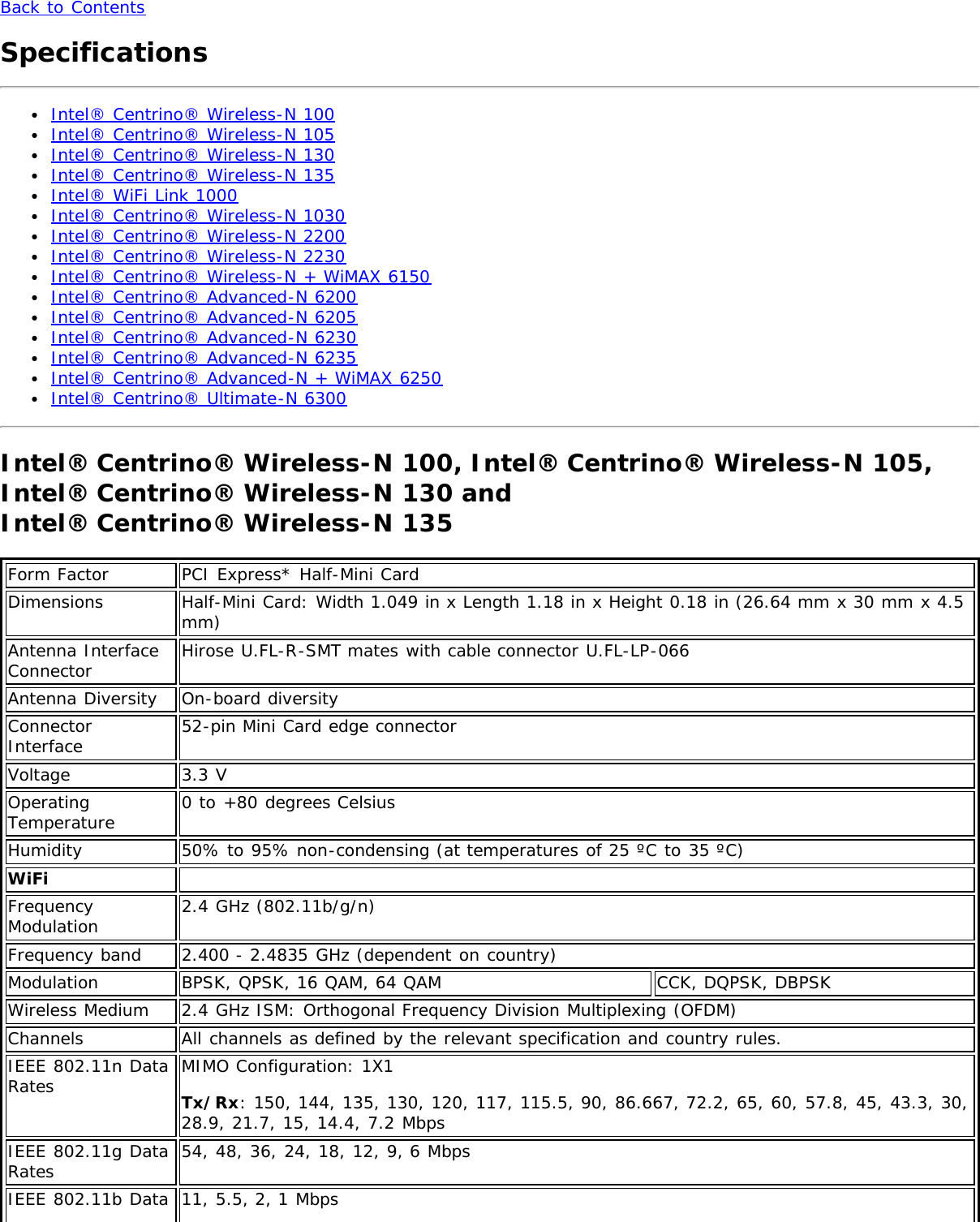 Back to ContentsSpecificationsIntel® Centrino® Wireless-N 100Intel® Centrino® Wireless-N 105Intel® Centrino® Wireless-N 130Intel® Centrino® Wireless-N 135Intel® WiFi Link 1000Intel® Centrino® Wireless-N 1030Intel® Centrino® Wireless-N 2200Intel® Centrino® Wireless-N 2230Intel® Centrino® Wireless-N + WiMAX 6150Intel® Centrino® Advanced-N 6200Intel® Centrino® Advanced-N 6205Intel® Centrino® Advanced-N 6230Intel® Centrino® Advanced-N 6235Intel® Centrino® Advanced-N + WiMAX 6250Intel® Centrino® Ultimate-N 6300Intel® Centrino® Wireless-N 100, Intel® Centrino® Wireless-N 105,Intel® Centrino® Wireless-N 130 and Intel® Centrino® Wireless-N 135Form Factor PCI Express* Half-Mini CardDimensions Half-Mini Card: Width 1.049 in x Length 1.18 in x Height 0.18 in (26.64 mm x 30 mm x 4.5mm)Antenna InterfaceConnector Hirose U.FL-R-SMT mates with cable connector U.FL-LP-066Antenna Diversity On-board diversityConnectorInterface 52-pin Mini Card edge connectorVoltage 3.3 VOperatingTemperature 0 to +80 degrees CelsiusHumidity 50% to 95% non-condensing (at temperatures of 25 ºC to 35 ºC)WiFi  FrequencyModulation 2.4 GHz (802.11b/g/n)Frequency band 2.400 - 2.4835 GHz (dependent on country)Modulation BPSK, QPSK, 16 QAM, 64 QAM CCK, DQPSK, DBPSKWireless Medium 2.4 GHz ISM: Orthogonal Frequency Division Multiplexing (OFDM)Channels All channels as defined by the relevant specification and country rules.IEEE 802.11n DataRates MIMO Configuration: 1X1Tx/Rx: 150, 144, 135, 130, 120, 117, 115.5, 90, 86.667, 72.2, 65, 60, 57.8, 45, 43.3, 30,28.9, 21.7, 15, 14.4, 7.2 MbpsIEEE 802.11g DataRates 54, 48, 36, 24, 18, 12, 9, 6 MbpsIEEE 802.11b Data 11, 5.5, 2, 1 Mbps