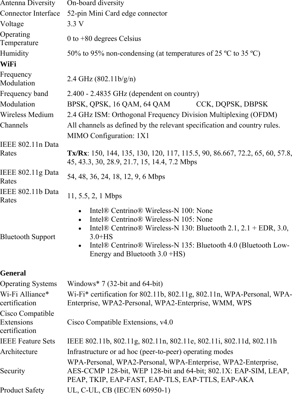 Antenna Diversity  On-board diversity Connector Interface  52-pin Mini Card edge connector Voltage 3.3 V Operating Temperature  0 to +80 degrees Celsius Humidity  50% to 95% non-condensing (at temperatures of 25 ºC to 35 ºC) WiFi   Frequency Modulation  2.4 GHz (802.11b/g/n) Frequency band  2.400 - 2.4835 GHz (dependent on country) Modulation  BPSK, QPSK, 16 QAM, 64 QAM  CCK, DQPSK, DBPSK Wireless Medium  2.4 GHz ISM: Orthogonal Frequency Division Multiplexing (OFDM) Channels  All channels as defined by the relevant specification and country rules.  IEEE 802.11n Data Rates MIMO Configuration: 1X1 Tx/Rx: 150, 144, 135, 130, 120, 117, 115.5, 90, 86.667, 72.2, 65, 60, 57.8, 45, 43.3, 30, 28.9, 21.7, 15, 14.4, 7.2 Mbps IEEE 802.11g Data Rates  54, 48, 36, 24, 18, 12, 9, 6 Mbps IEEE 802.11b Data Rates  11, 5.5, 2, 1 Mbps Bluetooth Support   Intel® Centrino® Wireless-N 100: None   Intel® Centrino® Wireless-N 105: None   Intel® Centrino® Wireless-N 130: Bluetooth 2.1, 2.1 + EDR, 3.0, 3.0+HS  Intel® Centrino® Wireless-N 135: Bluetooth 4.0 (Bluetooth Low-Energy and Bluetooth 3.0 +HS) General Operating Systems  Windows* 7 (32-bit and 64-bit) Wi-Fi Alliance* certification Wi-Fi* certification for 802.11b, 802.11g, 802.11n, WPA-Personal, WPA-Enterprise, WPA2-Personal, WPA2-Enterprise, WMM, WPS Cisco Compatible Extensions certification Cisco Compatible Extensions, v4.0 IEEE Feature Sets   IEEE 802.11b, 802.11g, 802.11n, 802.11e, 802.11i, 802.11d, 802.11h Architecture  Infrastructure or ad hoc (peer-to-peer) operating modes Security WPA-Personal, WPA2-Personal, WPA-Enterprise, WPA2-Enterprise, AES-CCMP 128-bit, WEP 128-bit and 64-bit; 802.1X: EAP-SIM, LEAP, PEAP, TKIP, EAP-FAST, EAP-TLS, EAP-TTLS, EAP-AKA Product Safety  UL, C-UL, CB (IEC/EN 60950-1) 