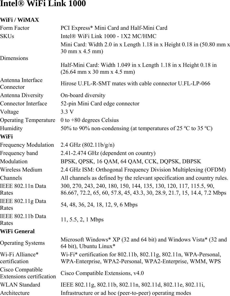  Intel® WiFi Link 1000 WiFi / WiMAX Form Factor  PCI Express* Mini Card and Half-Mini Card  SKUs  Intel® WiFi Link 1000 - 1X2 MC/HMC Dimensions Mini Card: Width 2.0 in x Length 1.18 in x Height 0.18 in (50.80 mm x 30 mm x 4.5 mm) Half-Mini Card: Width 1.049 in x Length 1.18 in x Height 0.18 in (26.64 mm x 30 mm x 4.5 mm) Antenna Interface Connector  Hirose U.FL-R-SMT mates with cable connector U.FL-LP-066 Antenna Diversity  On-board diversity Connector Interface  52-pin Mini Card edge connector Voltage 3.3 V Operating Temperature  0 to +80 degrees Celsius Humidity  50% to 90% non-condensing (at temperatures of 25 ºC to 35 ºC) WiFi Frequency Modulation  2.4 GHz (802.11b/g/n) Frequency band  2.41-2.474 GHz (dependent on country) Modulation  BPSK, QPSK, 16 QAM, 64 QAM, CCK, DQPSK, DBPSK Wireless Medium  2.4 GHz ISM: Orthogonal Frequency Division Multiplexing (OFDM) Channels  All channels as defined by the relevant specification and country rules.IEEE 802.11n Data Rates  300, 270, 243, 240, 180, 150, 144, 135, 130, 120, 117, 115.5, 90, 86.667, 72.2, 65, 60, 57.8, 45, 43.3, 30, 28.9, 21.7, 15, 14.4, 7.2 Mbps IEEE 802.11g Data Rates  54, 48, 36, 24, 18, 12, 9, 6 Mbps IEEE 802.11b Data Rates  11, 5.5, 2, 1 Mbps WiFi General Operating Systems  Microsoft Windows* XP (32 and 64 bit) and Windows Vista* (32 and 64 bit), Ubuntu Linux* Wi-Fi Alliance* certification Wi-Fi* certification for 802.11b, 802.11g, 802.11n, WPA-Personal, WPA-Enterprise, WPA2-Personal, WPA2-Enterprise, WMM, WPS Cisco Compatible Extensions certification  Cisco Compatible Extensions, v4.0 WLAN Standard  IEEE 802.11g, 802.11b, 802.11n, 802.11d, 802.11e, 802.11i, Architecture  Infrastructure or ad hoc (peer-to-peer) operating modes 