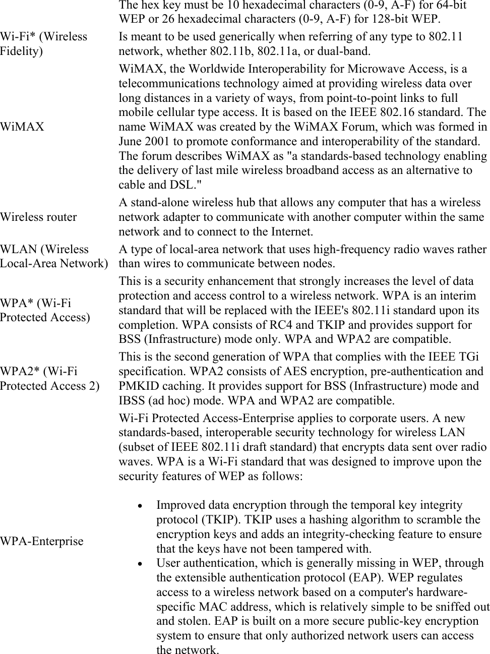 The hex key must be 10 hexadecimal characters (0-9, A-F) for 64-bit WEP or 26 hexadecimal characters (0-9, A-F) for 128-bit WEP. Wi-Fi* (Wireless Fidelity) Is meant to be used generically when referring of any type to 802.11 network, whether 802.11b, 802.11a, or dual-band. WiMAX WiMAX, the Worldwide Interoperability for Microwave Access, is a telecommunications technology aimed at providing wireless data over long distances in a variety of ways, from point-to-point links to full mobile cellular type access. It is based on the IEEE 802.16 standard. The name WiMAX was created by the WiMAX Forum, which was formed in June 2001 to promote conformance and interoperability of the standard. The forum describes WiMAX as &quot;a standards-based technology enabling the delivery of last mile wireless broadband access as an alternative to cable and DSL.&quot;  Wireless router A stand-alone wireless hub that allows any computer that has a wireless network adapter to communicate with another computer within the same network and to connect to the Internet. WLAN (Wireless Local-Area Network) A type of local-area network that uses high-frequency radio waves rather than wires to communicate between nodes. WPA* (Wi-Fi Protected Access) This is a security enhancement that strongly increases the level of data protection and access control to a wireless network. WPA is an interim standard that will be replaced with the IEEE&apos;s 802.11i standard upon its completion. WPA consists of RC4 and TKIP and provides support for BSS (Infrastructure) mode only. WPA and WPA2 are compatible. WPA2* (Wi-Fi Protected Access 2) This is the second generation of WPA that complies with the IEEE TGi specification. WPA2 consists of AES encryption, pre-authentication and PMKID caching. It provides support for BSS (Infrastructure) mode and IBSS (ad hoc) mode. WPA and WPA2 are compatible. WPA-Enterprise Wi-Fi Protected Access-Enterprise applies to corporate users. A new standards-based, interoperable security technology for wireless LAN (subset of IEEE 802.11i draft standard) that encrypts data sent over radio waves. WPA is a Wi-Fi standard that was designed to improve upon the security features of WEP as follows:   Improved data encryption through the temporal key integrity protocol (TKIP). TKIP uses a hashing algorithm to scramble the encryption keys and adds an integrity-checking feature to ensure that the keys have not been tampered with.  User authentication, which is generally missing in WEP, through the extensible authentication protocol (EAP). WEP regulates access to a wireless network based on a computer&apos;s hardware-specific MAC address, which is relatively simple to be sniffed out and stolen. EAP is built on a more secure public-key encryption system to ensure that only authorized network users can access the network. 