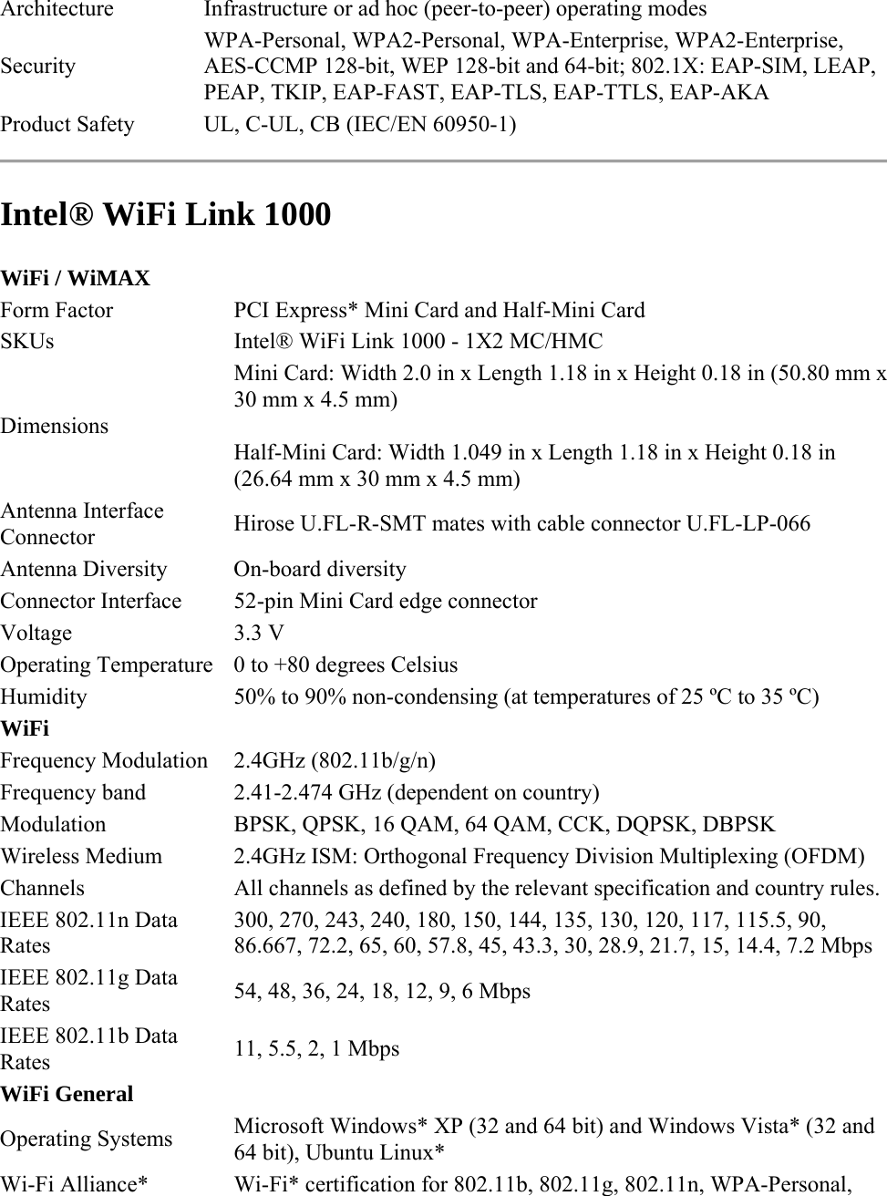 Architecture  Infrastructure or ad hoc (peer-to-peer) operating modes Security WPA-Personal, WPA2-Personal, WPA-Enterprise, WPA2-Enterprise, AES-CCMP 128-bit, WEP 128-bit and 64-bit; 802.1X: EAP-SIM, LEAP, PEAP, TKIP, EAP-FAST, EAP-TLS, EAP-TTLS, EAP-AKA Product Safety  UL, C-UL, CB (IEC/EN 60950-1)  Intel® WiFi Link 1000 WiFi / WiMAX Form Factor  PCI Express* Mini Card and Half-Mini Card  SKUs  Intel® WiFi Link 1000 - 1X2 MC/HMC Dimensions Mini Card: Width 2.0 in x Length 1.18 in x Height 0.18 in (50.80 mm x 30 mm x 4.5 mm) Half-Mini Card: Width 1.049 in x Length 1.18 in x Height 0.18 in (26.64 mm x 30 mm x 4.5 mm) Antenna Interface Connector  Hirose U.FL-R-SMT mates with cable connector U.FL-LP-066 Antenna Diversity  On-board diversity Connector Interface  52-pin Mini Card edge connector Voltage 3.3 V Operating Temperature  0 to +80 degrees Celsius Humidity  50% to 90% non-condensing (at temperatures of 25 ºC to 35 ºC) WiFi Frequency Modulation  2.4GHz (802.11b/g/n) Frequency band  2.41-2.474 GHz (dependent on country) Modulation  BPSK, QPSK, 16 QAM, 64 QAM, CCK, DQPSK, DBPSK Wireless Medium  2.4GHz ISM: Orthogonal Frequency Division Multiplexing (OFDM) Channels  All channels as defined by the relevant specification and country rules.IEEE 802.11n Data Rates  300, 270, 243, 240, 180, 150, 144, 135, 130, 120, 117, 115.5, 90, 86.667, 72.2, 65, 60, 57.8, 45, 43.3, 30, 28.9, 21.7, 15, 14.4, 7.2 Mbps IEEE 802.11g Data Rates  54, 48, 36, 24, 18, 12, 9, 6 Mbps IEEE 802.11b Data Rates  11, 5.5, 2, 1 Mbps WiFi General Operating Systems  Microsoft Windows* XP (32 and 64 bit) and Windows Vista* (32 and 64 bit), Ubuntu Linux* Wi-Fi Alliance*  Wi-Fi* certification for 802.11b, 802.11g, 802.11n, WPA-Personal, 