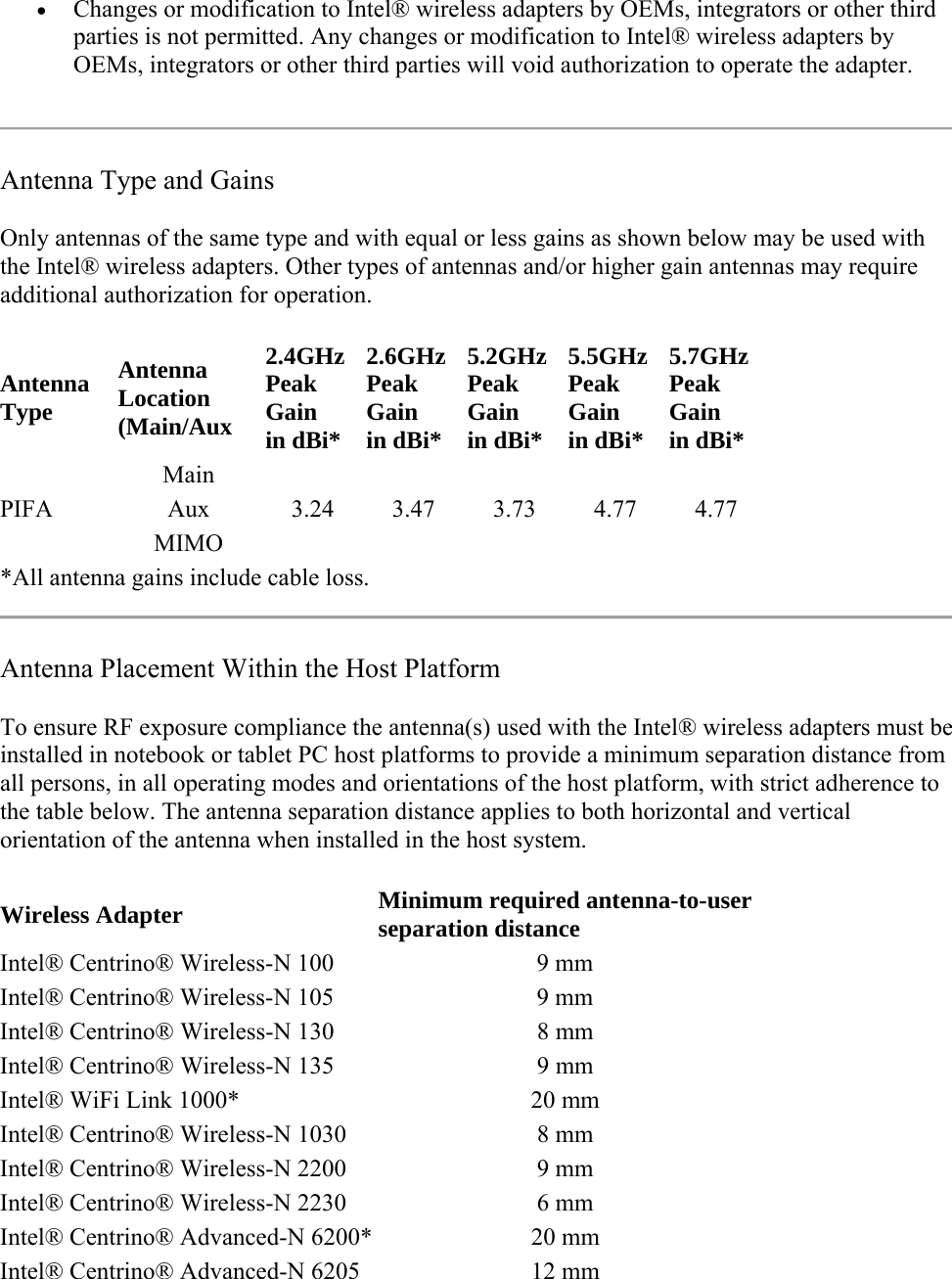  Changes or modification to Intel® wireless adapters by OEMs, integrators or other third parties is not permitted. Any changes or modification to Intel® wireless adapters by OEMs, integrators or other third parties will void authorization to operate the adapter.   Antenna Type and Gains Only antennas of the same type and with equal or less gains as shown below may be used with the Intel® wireless adapters. Other types of antennas and/or higher gain antennas may require additional authorization for operation. Antenna Type Antenna Location (Main/Aux 2.4GHz Peak Gain in dBi* 2.6GHzPeak Gain in dBi*5.2GHzPeak Gain in dBi*5.5GHzPeak Gain in dBi*5.7GHz  Peak Gain in dBi* PIFA Main Aux  3.24 3.47 3.73 4.77 4.77 MIMO *All antenna gains include cable loss.  Antenna Placement Within the Host Platform To ensure RF exposure compliance the antenna(s) used with the Intel® wireless adapters must be installed in notebook or tablet PC host platforms to provide a minimum separation distance from all persons, in all operating modes and orientations of the host platform, with strict adherence to the table below. The antenna separation distance applies to both horizontal and vertical orientation of the antenna when installed in the host system. Wireless Adapter Minimum required antenna-to-user separation distance Intel® Centrino® Wireless-N 100  9 mm Intel® Centrino® Wireless-N 105  9 mm Intel® Centrino® Wireless-N 130  8 mm  Intel® Centrino® Wireless-N 135  9 mm  Intel® WiFi Link 1000*  20 mm  Intel® Centrino® Wireless-N 1030  8 mm  Intel® Centrino® Wireless-N 2200  9 mm  Intel® Centrino® Wireless-N 2230  6 mm  Intel® Centrino® Advanced-N 6200* 20 mm  Intel® Centrino® Advanced-N 6205  12 mm  