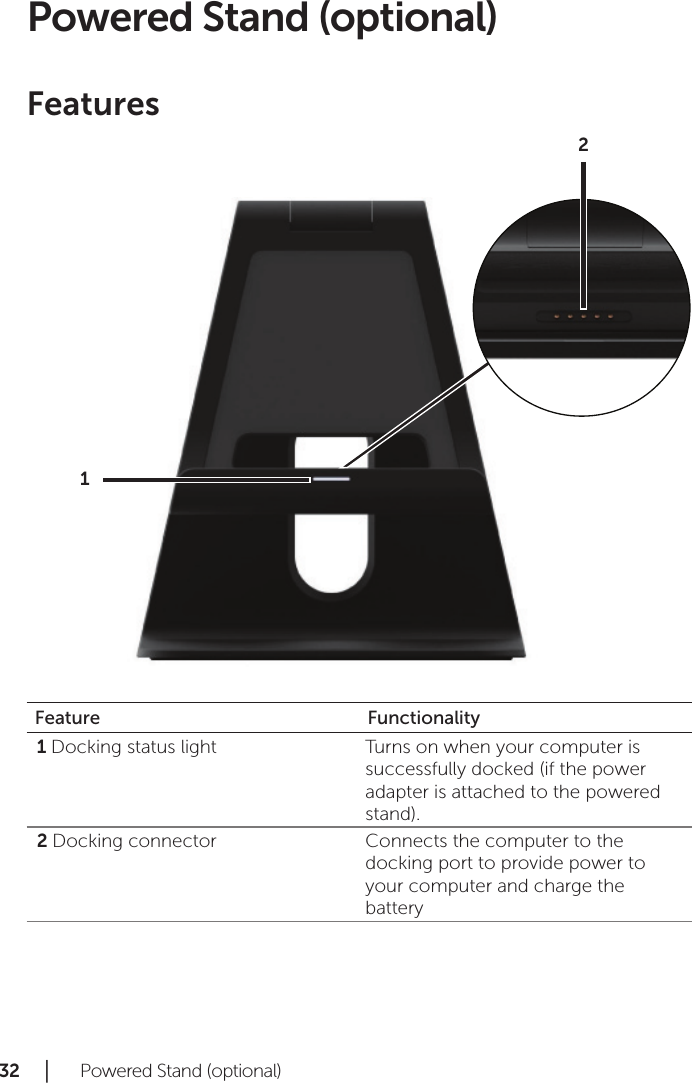 32 │   Powered Stand (optional)Powered Stand (optional)Features21Feature FunctionalityDocking status light1  Turns on when your computer is successfully docked (if the power adapter is attached to the powered stand).Docking connector2  Connects the computer to the docking port to provide power to your computer and charge the battery