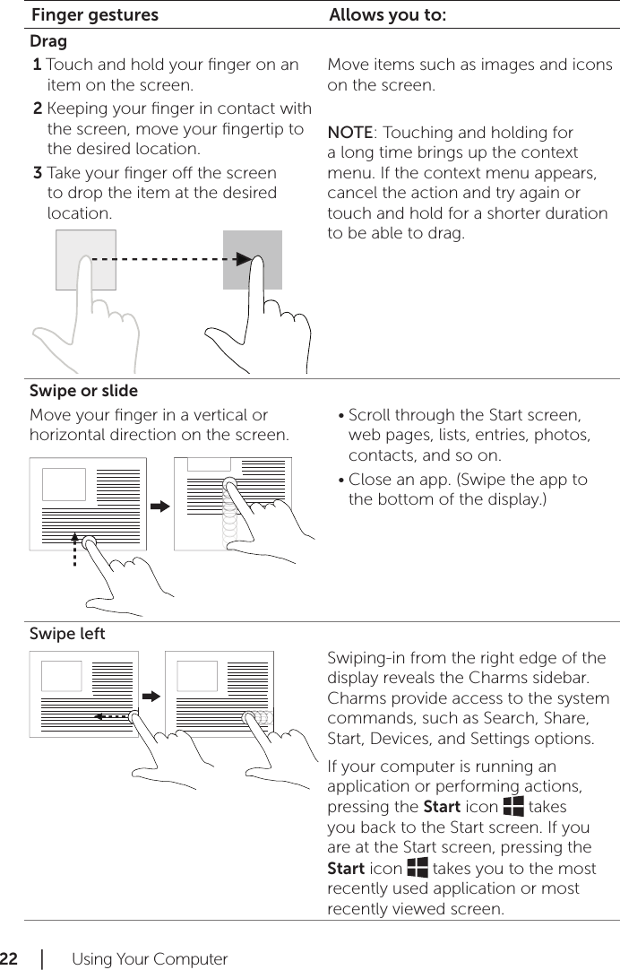 22 │   Using Your ComputerFinger gestures Allows you to:DragTouch and hold your ﬁnger on an 1 item on the screen.Keeping your ﬁnger in contact with 2 the screen, move your ﬁngertip to the desired location.Take your ﬁnger o the screen 3 to drop the item at the desired location.Move items such as images and icons on the screen. NOTE: Touching and holding for a long time brings up the context menu. If the context menu appears, cancel the action and try again or touch and hold for a shorter duration to be able to drag. Swipe or slideMove your ﬁnger in a vertical or horizontal direction on the screen.Scroll through the Start screen, •web pages, lists, entries, photos, contacts, and so on.Close an app. (Swipe the app to •the bottom of the display.)Swipe leftSwiping-in from the right edge of the display reveals the Charms sidebar. Charms provide access to the system commands, such as Search, Share, Start, Devices, and Settings options.If your computer is running an application or performing actions, pressing the Start icon   takes you back to the Start screen. If you are at the Start screen, pressing the Start icon   takes you to the most recently used application or most recently viewed screen.