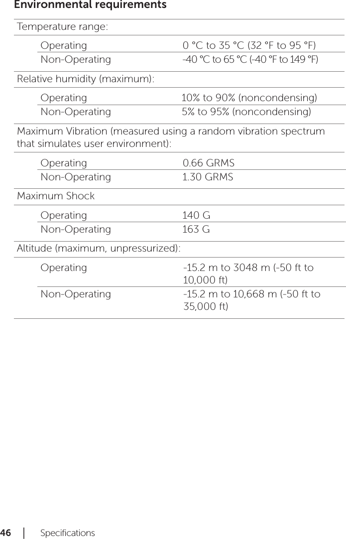 46 │   SpecificationsEnvironmental requirementsTemperature range:Operating 0 °C to 35 °C (32 °F to 95 °F)Non-Operating -40 °C to 65 °C (-40 °F to 149 °F)Relative humidity (maximum):Operating 10% to 90% (noncondensing)Non-Operating 5% to 95% (noncondensing)Maximum Vibration (measured using a random vibration spectrum that simulates user environment):Operating 0.66 GRMSNon-Operating 1.30 GRMSMaximum ShockOperating 140 GNon-Operating 163 GAltitude (maximum, unpressurized):Operating -15.2 m to 3048 m (-50 ft to 10,000 ft)Non-Operating -15.2 m to 10,668 m (-50 ft to 35,000 ft)