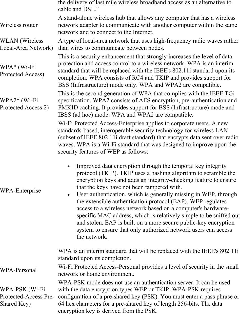 the delivery of last mile wireless broadband access as an alternative to cable and DSL.&quot;  Wireless router A stand-alone wireless hub that allows any computer that has a wireless network adapter to communicate with another computer within the same network and to connect to the Internet. WLAN (Wireless Local-Area Network) A type of local-area network that uses high-frequency radio waves rather than wires to communicate between nodes. WPA* (Wi-Fi Protected Access) This is a security enhancement that strongly increases the level of data protection and access control to a wireless network. WPA is an interim standard that will be replaced with the IEEE&apos;s 802.11i standard upon its completion. WPA consists of RC4 and TKIP and provides support for BSS (Infrastructure) mode only. WPA and WPA2 are compatible. WPA2* (Wi-Fi Protected Access 2) This is the second generation of WPA that complies with the IEEE TGi specification. WPA2 consists of AES encryption, pre-authentication and PMKID caching. It provides support for BSS (Infrastructure) mode and IBSS (ad hoc) mode. WPA and WPA2 are compatible. WPA-Enterprise Wi-Fi Protected Access-Enterprise applies to corporate users. A new standards-based, interoperable security technology for wireless LAN (subset of IEEE 802.11i draft standard) that encrypts data sent over radio waves. WPA is a Wi-Fi standard that was designed to improve upon the security features of WEP as follows:   Improved data encryption through the temporal key integrity protocol (TKIP). TKIP uses a hashing algorithm to scramble the encryption keys and adds an integrity-checking feature to ensure that the keys have not been tampered with.  User authentication, which is generally missing in WEP, through the extensible authentication protocol (EAP). WEP regulates access to a wireless network based on a computer&apos;s hardware-specific MAC address, which is relatively simple to be sniffed out and stolen. EAP is built on a more secure public-key encryption system to ensure that only authorized network users can access the network. WPA is an interim standard that will be replaced with the IEEE&apos;s 802.11i standard upon its completion. WPA-Personal  Wi-Fi Protected Access-Personal provides a level of security in the small network or home environment. WPA-PSK (Wi-Fi Protected-Access Pre-Shared Key) WPA-PSK mode does not use an authentication server. It can be used with the data encryption types WEP or TKIP. WPA-PSK requires configuration of a pre-shared key (PSK). You must enter a pass phrase or 64 hex characters for a pre-shared key of length 256-bits. The data encryption key is derived from the PSK.  