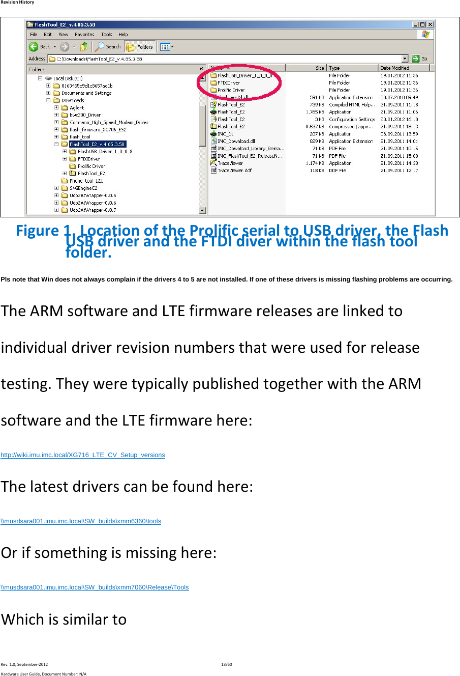 RevisionHistoryRev.1.0,September‐201213/60HardwareUserGuide,DocumentNumber:N/AFigure1.LocationoftheProlificserialtoUSBdriver,theFlashUSBdriverandtheFTDIdiverwithintheflashtoolfolder.Pls note that Win does not always complain if the drivers 4 to 5 are not installed. If one of these drivers is missing flashing problems are occurring. TheARMsoftwareandLTEfirmwarereleasesarelinkedtoindividualdriverrevisionnumbersthatwereusedforreleasetesting.TheyweretypicallypublishedtogetherwiththeARMsoftwareandtheLTEfirmwarehere:http://wiki.imu.imc.local/XG716_LTE_CV_Setup_versions Thelatestdriverscanbefoundhere:\\musdsara001.imu.imc.local\SW_builds\xmm6360\tools Orifsomethingismissinghere:\\musdsara001.imu.imc.local\SW_builds\xmm7060\Release\Tools Whichissimilarto