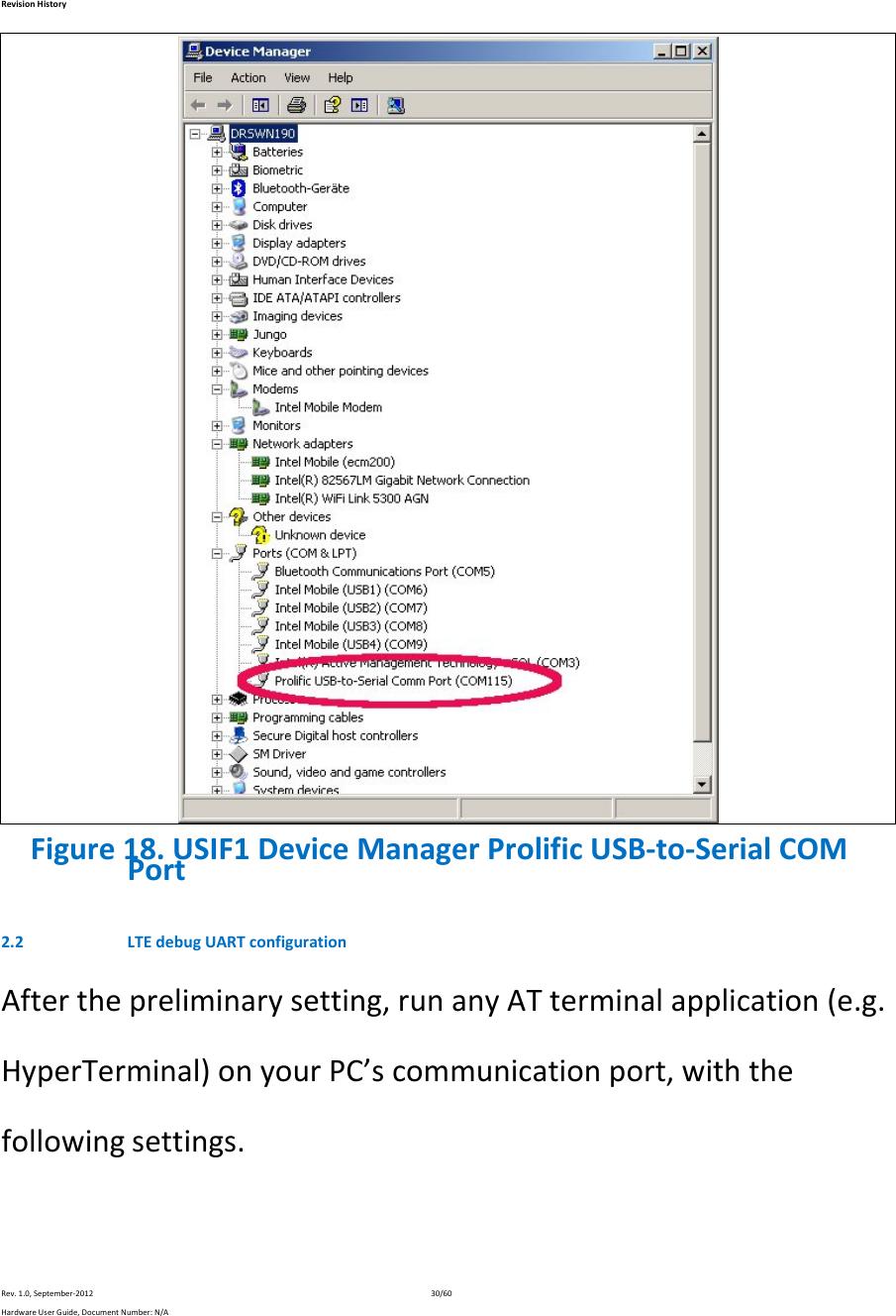 RevisionHistoryRev.1.0,September‐201230/60HardwareUserGuide,DocumentNumber:N/A Figure18.USIF1DeviceManagerProlificUSB‐to‐SerialCOMPort2.2 LTEdebugUARTconfigurationAfterthepreliminarysetting,runanyATterminalapplication(e.g.HyperTerminal)onyourPC’scommunicationport,withthefollowingsettings.