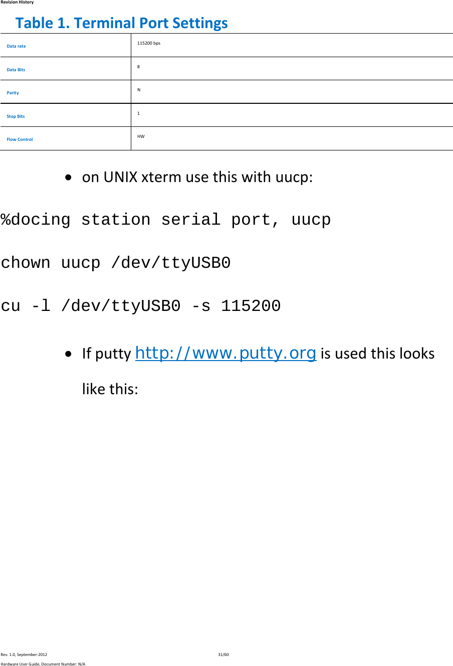 RevisionHistoryRev.1.0,September‐201231/60HardwareUserGuide,DocumentNumber:N/ATable1.TerminalPortSettingsDatarate115200bpsDataBits8ParityNStopBits1FlowControlHW onUNIXxtermusethiswithuucp:%docing station serial port, uucp chown uucp /dev/ttyUSB0 cu -l /dev/ttyUSB0 -s 115200  Ifputtyhttp://www.putty.orgisusedthislookslikethis: