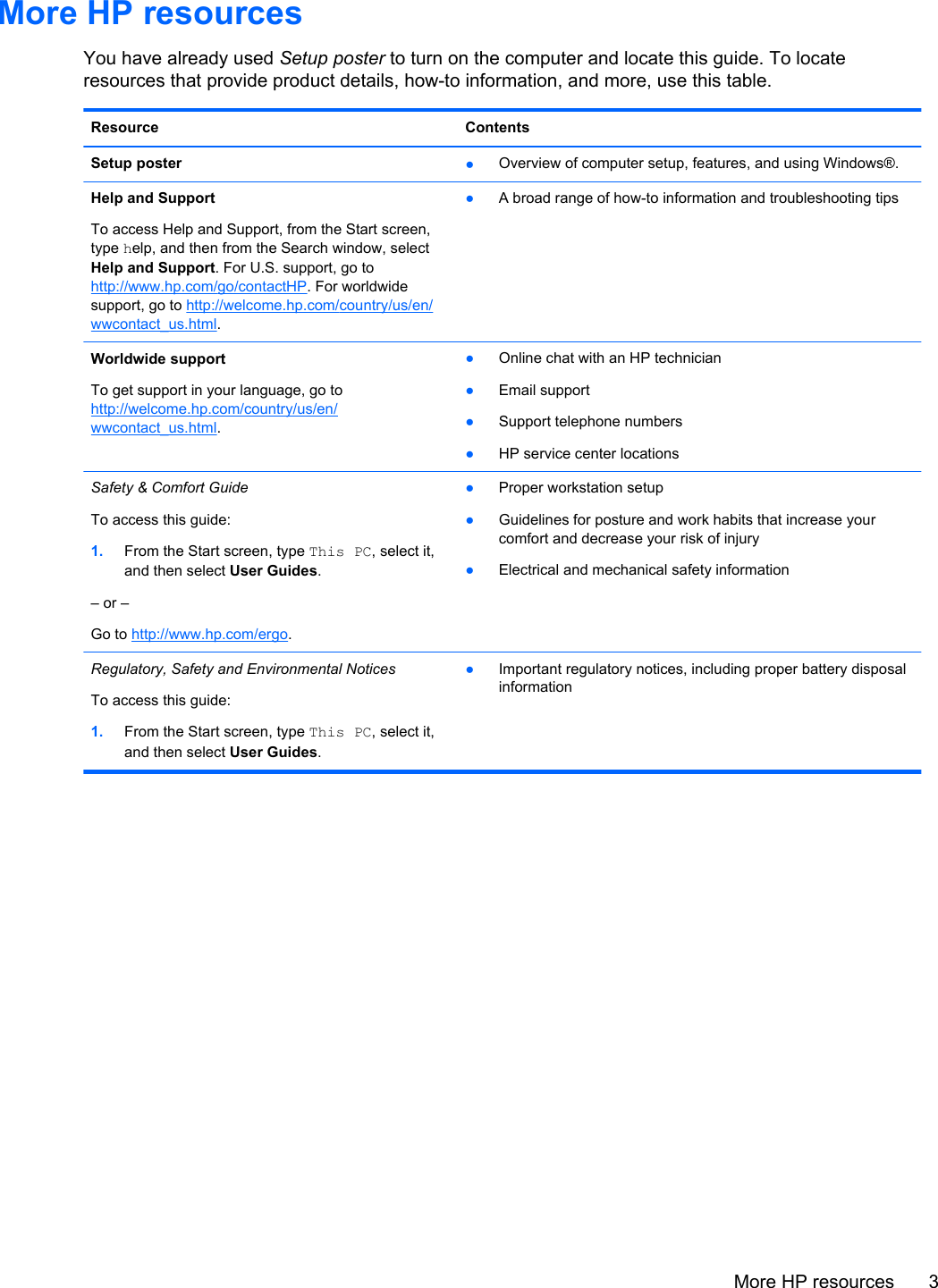 More HP resourcesYou have already used Setup poster to turn on the computer and locate this guide. To locateresources that provide product details, how-to information, and more, use this table.Resource ContentsSetup poster ●Overview of computer setup, features, and using Windows®.Help and SupportTo access Help and Support, from the Start screen,type help, and then from the Search window, selectHelp and Support. For U.S. support, go tohttp://www.hp.com/go/contactHP. For worldwidesupport, go to http://welcome.hp.com/country/us/en/wwcontact_us.html.●A broad range of how-to information and troubleshooting tipsWorldwide supportTo get support in your language, go tohttp://welcome.hp.com/country/us/en/wwcontact_us.html.●Online chat with an HP technician●Email support●Support telephone numbers●HP service center locationsSafety &amp; Comfort GuideTo access this guide:1. From the Start screen, type This PC, select it,and then select User Guides.– or –Go to http://www.hp.com/ergo.●Proper workstation setup●Guidelines for posture and work habits that increase yourcomfort and decrease your risk of injury●Electrical and mechanical safety informationRegulatory, Safety and Environmental NoticesTo access this guide:1. From the Start screen, type This PC, select it,and then select User Guides.●Important regulatory notices, including proper battery disposalinformationMore HP resources 3