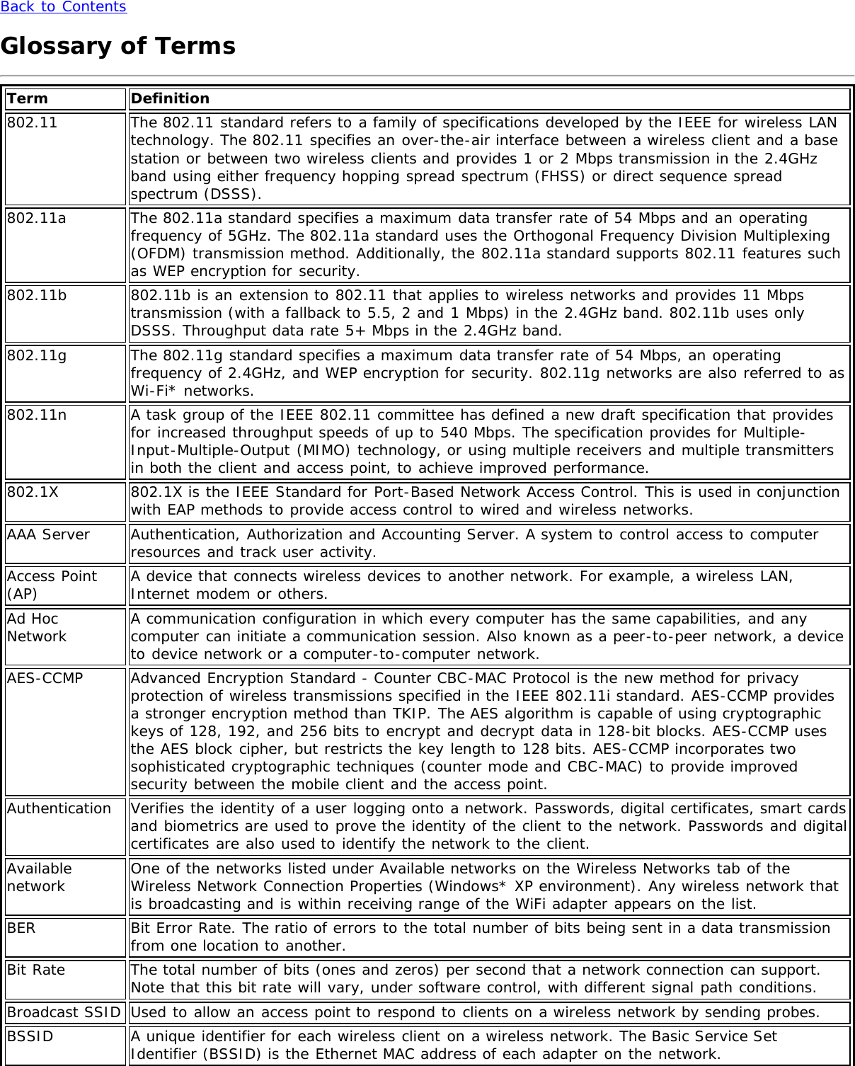 Back to ContentsGlossary of TermsTerm Definition802.11 The 802.11 standard refers to a family of specifications developed by the IEEE for wireless LANtechnology. The 802.11 specifies an over-the-air interface between a wireless client and a basestation or between two wireless clients and provides 1 or 2 Mbps transmission in the 2.4GHzband using either frequency hopping spread spectrum (FHSS) or direct sequence spreadspectrum (DSSS).802.11a The 802.11a standard specifies a maximum data transfer rate of 54 Mbps and an operatingfrequency of 5GHz. The 802.11a standard uses the Orthogonal Frequency Division Multiplexing(OFDM) transmission method. Additionally, the 802.11a standard supports 802.11 features suchas WEP encryption for security.802.11b 802.11b is an extension to 802.11 that applies to wireless networks and provides 11 Mbpstransmission (with a fallback to 5.5, 2 and 1 Mbps) in the 2.4GHz band. 802.11b uses onlyDSSS. Throughput data rate 5+ Mbps in the 2.4GHz band.802.11g The 802.11g standard specifies a maximum data transfer rate of 54 Mbps, an operatingfrequency of 2.4GHz, and WEP encryption for security. 802.11g networks are also referred to asWi-Fi* networks.802.11n A task group of the IEEE 802.11 committee has defined a new draft specification that providesfor increased throughput speeds of up to 540 Mbps. The specification provides for Multiple-Input-Multiple-Output (MIMO) technology, or using multiple receivers and multiple transmittersin both the client and access point, to achieve improved performance.802.1X 802.1X is the IEEE Standard for Port-Based Network Access Control. This is used in conjunctionwith EAP methods to provide access control to wired and wireless networks.AAA Server Authentication, Authorization and Accounting Server. A system to control access to computerresources and track user activity.Access Point(AP) A device that connects wireless devices to another network. For example, a wireless LAN,Internet modem or others.Ad HocNetwork A communication configuration in which every computer has the same capabilities, and anycomputer can initiate a communication session. Also known as a peer-to-peer network, a deviceto device network or a computer-to-computer network.AES-CCMP Advanced Encryption Standard - Counter CBC-MAC Protocol is the new method for privacyprotection of wireless transmissions specified in the IEEE 802.11i standard. AES-CCMP providesa stronger encryption method than TKIP. The AES algorithm is capable of using cryptographickeys of 128, 192, and 256 bits to encrypt and decrypt data in 128-bit blocks. AES-CCMP usesthe AES block cipher, but restricts the key length to 128 bits. AES-CCMP incorporates twosophisticated cryptographic techniques (counter mode and CBC-MAC) to provide improvedsecurity between the mobile client and the access point.Authentication Verifies the identity of a user logging onto a network. Passwords, digital certificates, smart cardsand biometrics are used to prove the identity of the client to the network. Passwords and digitalcertificates are also used to identify the network to the client.Availablenetwork One of the networks listed under Available networks on the Wireless Networks tab of theWireless Network Connection Properties (Windows* XP environment). Any wireless network thatis broadcasting and is within receiving range of the WiFi adapter appears on the list.BER Bit Error Rate. The ratio of errors to the total number of bits being sent in a data transmissionfrom one location to another.Bit Rate The total number of bits (ones and zeros) per second that a network connection can support.Note that this bit rate will vary, under software control, with different signal path conditions.Broadcast SSID Used to allow an access point to respond to clients on a wireless network by sending probes.BSSID A unique identifier for each wireless client on a wireless network. The Basic Service SetIdentifier (BSSID) is the Ethernet MAC address of each adapter on the network.