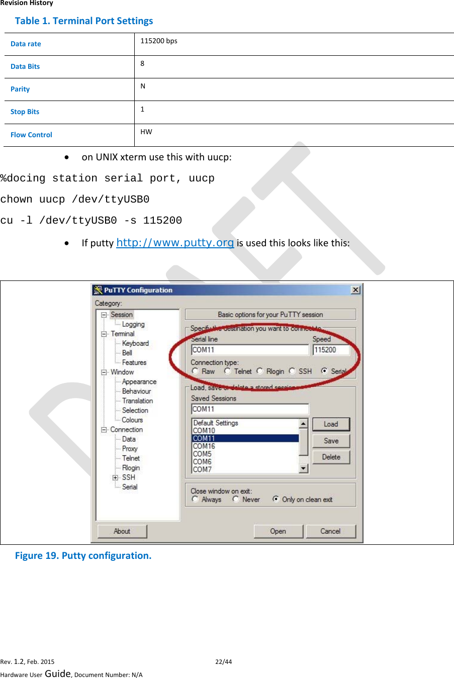 RevisionHistoryRev.1.2,Feb.201522/44HardwareUserGuide,DocumentNumber:N/ATable1.TerminalPortSettingsDatarate115200bpsDataBits8ParityNStopBits1FlowControlHW onUNIXxtermusethiswithuucp:%docing station serial port, uucp chown uucp /dev/ttyUSB0 cu -l /dev/ttyUSB0 -s 115200  Ifputtyhttp://www.putty.orgisusedthislookslikethis: Figure19.Puttyconfiguration.