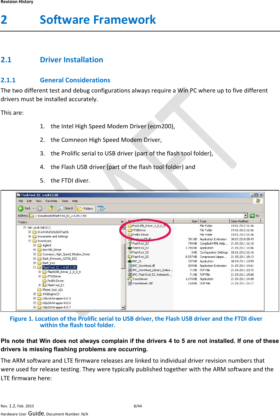 RevisionHistoryRev.1.2,Feb.20158/44HardwareUserGuide,DocumentNumber:N/A2 SoftwareFramework2.1 DriverInstallation2.1.1 GeneralConsiderationsThetwodifferenttestanddebugconfigurationsalwaysrequireaWinPCwhereuptofivedifferentdriversmustbeinstalledaccurately.Thisare:1. theIntelHighSpeedModemDriver(ecm200),2. theComneonHighSpeedModemDriver,3. theProlificserialtoUSBdriver(partoftheflashtoolfolder),4. theFlashUSBdriver(partoftheflashtoolfolder)and5. theFTDIdiver. Figure1.LocationoftheProlificserialtoUSBdriver,theFlashUSBdriverandtheFTDIdiverwithintheflashtoolfolder.Pls note that Win does not always complain if the drivers 4 to 5 are not installed. If one of these drivers is missing flashing problems are occurring. TheARMsoftwareandLTEfirmwarereleasesarelinkedtoindividualdriverrevisionnumbersthatwereusedforreleasetesting.TheyweretypicallypublishedtogetherwiththeARMsoftwareandtheLTEfirmwarehere: