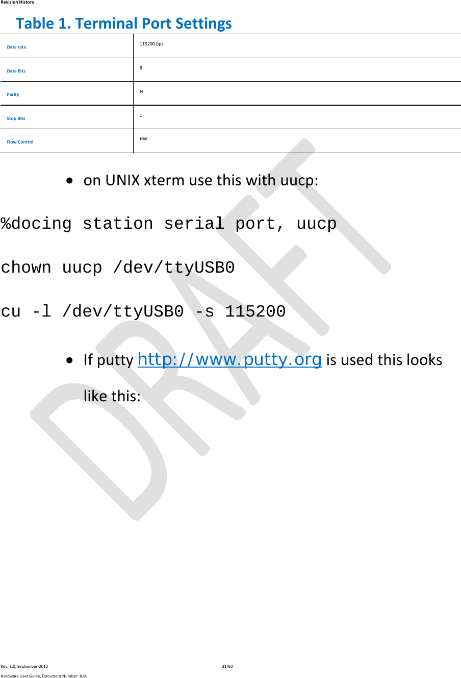 RevisionHistoryRev.1.0,September‐201231/60HardwareUserGuide,DocumentNumber:N/ATable1.TerminalPortSettingsDatarate115200bpsDataBits8ParityNStopBits1FlowControlHW onUNIXxtermusethiswithuucp:%docing station serial port, uucp chown uucp /dev/ttyUSB0 cu -l /dev/ttyUSB0 -s 115200  Ifputtyhttp://www.putty.orgisusedthislookslikethis: