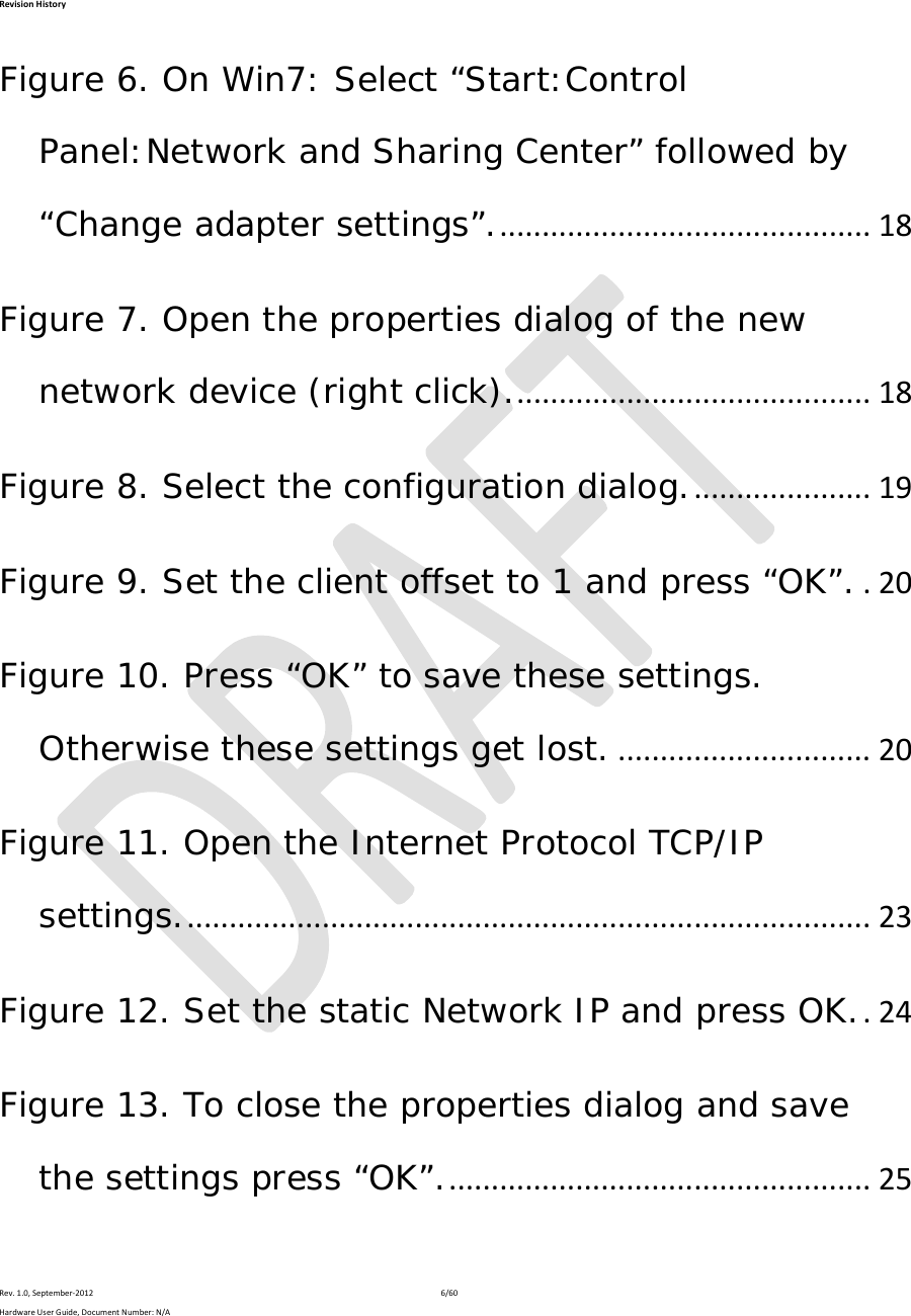 RevisionHistoryRev.1.0,September‐20126/60HardwareUserGuide,DocumentNumber:N/AFigure 6. On Win7: Select “Start:Control Panel:Network and Sharing Center” followed by  “Change adapter settings”.............................................18Figure 7. Open the properties dialog of the new network device (right click)...........................................18Figure 8. Select the configuration dialog......................19Figure 9. Set the client offset to 1 and press “OK”..20Figure 10. Press “OK” to save these settings. Otherwise these settings get lost...............................20Figure 11. Open the Internet Protocol TCP/IP settings..................................................................................23Figure 12. Set the static Network IP and press OK..24Figure 13. To close the properties dialog and save the settings press “OK”...................................................25