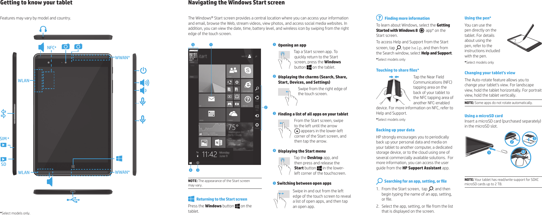 Using the pen*You can use the  pen directly on the tablet. For details about using the pen, refer to the instructions included with the pen.*Select models onlyChanging your tablet’s viewThe Auto-rotate feature allows you to change your tablet’s view. For landscape view, hold the tablet horizontally. For portrait view, hold the tablet vertically.NOTE: Some apps do not rotate automatically.Using a microSD cardInsert a microSD card (purchased separately) in the microSD slot.1324NOTE: Your tablet has read/write support for SDXC microSD cards up to 2 TB.Navigating the Windows Start screenThe Windows® Start screen provides a central location where you can access your information and email, browse the Web, stream videos, view photos, and access social media websites. In addition, you can view the date, time, battery level, and wireless icon by swiping from the right edge of the touch screen.13245 NOTE: The appearance of the Start screen  may vary.   Returning to the Start screenPress the Windows button   on the tablet.1Opening an app Tap a Start screen app. To quickly return to the Start screen, press the Windows button   on the tablet.2Displaying the charms (Search, Share, Start, Devices, and Settings)Swipe from the right edge of the touch screen.  3Finding a list of all apps on your tabletFrom the Start screen, swipe to the left until the arrow    appears in the lower-left corner of the Start screen, and then tap the arrow.4Displaying the Start menuTap the Desktop app, and  then press and release the Start button   in the lower-left corner of the touchscreen.5  Switching between open appsSwipe in and out from the left edge of the touch screen to reveal a list of open apps, and then tap an open app.*Select models only.Getting to know your tabletFeatures may vary by model and country.   Finding more informationTo learn about Windows, select the Getting Started with Windows 8   app* on the Start screen.To access Help and Support from the Start screen, tap  , type help, and then from the Search window, select Help and Support.*Select models onlyTouching to share les*Tap the Near Field Communications (NFC) tapping area on the back of your tablet to the NFC tapping area of another NFC-enabled device. For more information on NFC, refer to Help and Support.*Select models onlyBacking up your dataHP strongly encourages you to periodically back up your personal data and media on your tablet to another computer, a dedicated storage device, or to the cloud using one of several commercially available solutions.  For more information, you can access the user guide from the HP Support Assistant app.  Searching for an app, setting, or le1.  From the Start screen,  tap  , and then begin typing the name of an app, setting, or le.2.  Select the app, setting, or le from the list that is displayed on the screen.WWAN*WWAN* SIM *SDNFC*WLANWLAN