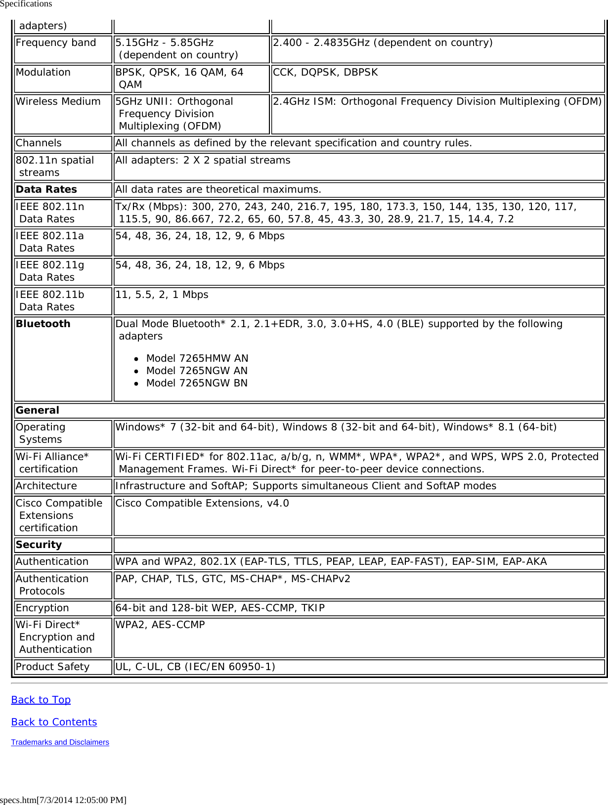 Specificationsspecs.htm[7/3/2014 12:05:00 PM] adapters)Frequency band 5.15GHz - 5.85GHz (dependent on country) 2.400 - 2.4835GHz (dependent on country)Modulation BPSK, QPSK, 16 QAM, 64 QAM CCK, DQPSK, DBPSKWireless Medium 5GHz UNII: Orthogonal Frequency Division Multiplexing (OFDM)2.4GHz ISM: Orthogonal Frequency Division Multiplexing (OFDM)Channels All channels as defined by the relevant specification and country rules.802.11n spatial streams All adapters: 2 X 2 spatial streamsData Rates All data rates are theoretical maximums.IEEE 802.11n Data Rates Tx/Rx (Mbps): 300, 270, 243, 240, 216.7, 195, 180, 173.3, 150, 144, 135, 130, 120, 117, 115.5, 90, 86.667, 72.2, 65, 60, 57.8, 45, 43.3, 30, 28.9, 21.7, 15, 14.4, 7.2IEEE 802.11a Data Rates 54, 48, 36, 24, 18, 12, 9, 6 MbpsIEEE 802.11g Data Rates 54, 48, 36, 24, 18, 12, 9, 6 MbpsIEEE 802.11b Data Rates 11, 5.5, 2, 1 MbpsBluetooth Dual Mode Bluetooth* 2.1, 2.1+EDR, 3.0, 3.0+HS, 4.0 (BLE) supported by the following adaptersModel 7265HMW ANModel 7265NGW ANModel 7265NGW BNGeneralOperating Systems Windows* 7 (32-bit and 64-bit), Windows 8 (32-bit and 64-bit), Windows* 8.1 (64-bit)Wi-Fi Alliance* certification Wi-Fi CERTIFIED* for 802.11ac, a/b/g, n, WMM*, WPA*, WPA2*, and WPS, WPS 2.0, Protected Management Frames. Wi-Fi Direct* for peer-to-peer device connections.Architecture Infrastructure and SoftAP; Supports simultaneous Client and SoftAP modesCisco Compatible Extensions certificationCisco Compatible Extensions, v4.0Security  Authentication WPA and WPA2, 802.1X (EAP-TLS, TTLS, PEAP, LEAP, EAP-FAST), EAP-SIM, EAP-AKAAuthentication Protocols PAP, CHAP, TLS, GTC, MS-CHAP*, MS-CHAPv2Encryption 64-bit and 128-bit WEP, AES-CCMP, TKIPWi-Fi Direct* Encryption and AuthenticationWPA2, AES-CCMPProduct Safety UL, C-UL, CB (IEC/EN 60950-1)Back to TopBack to ContentsTrademarks and Disclaimers