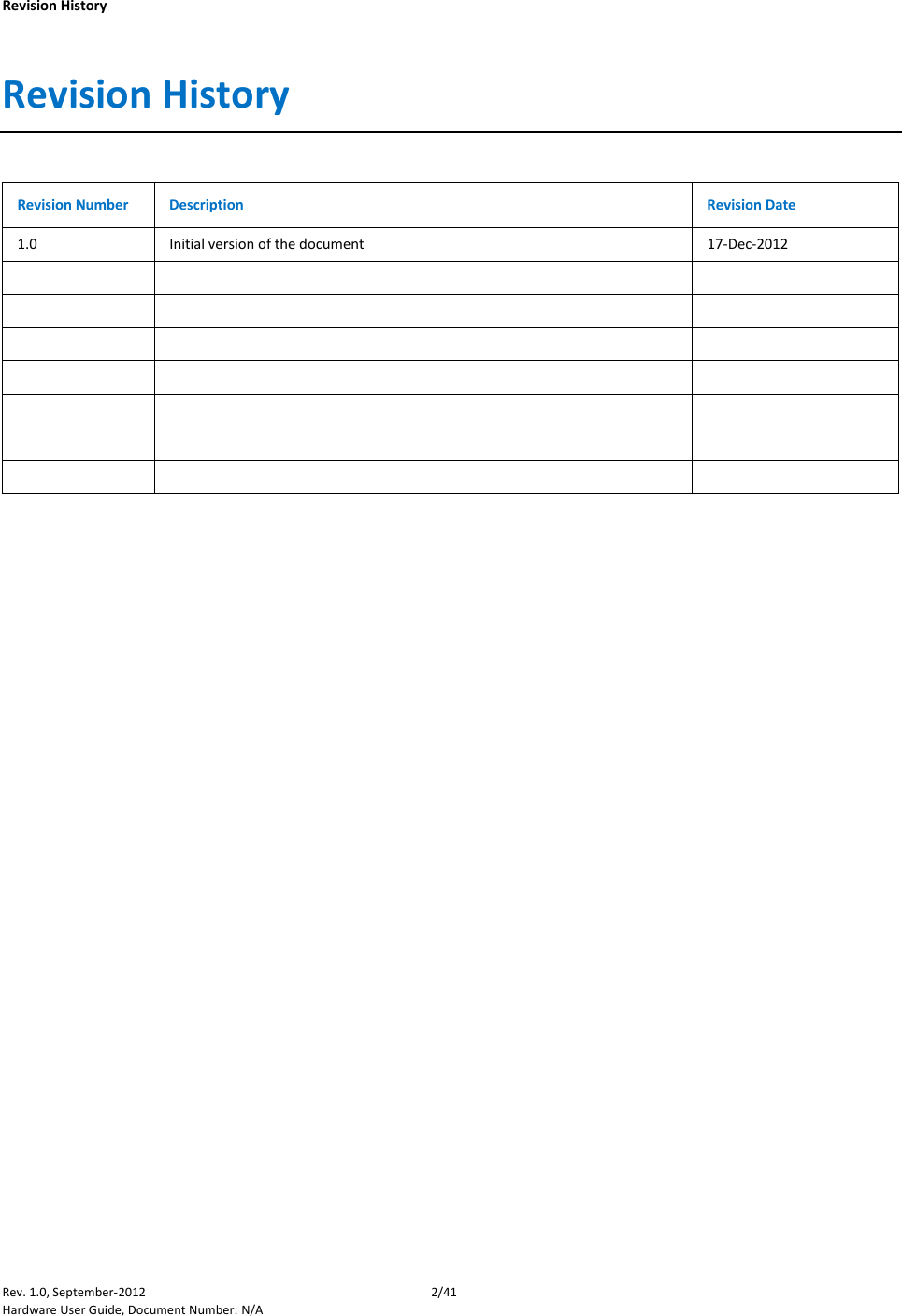    Revision History Rev. 1.0, September-2012  2/41 Hardware User Guide, Document Number: N/A Revision History  Revision Number Description Revision Date 1.0 Initial version of the document 17-Dec-2012                                      