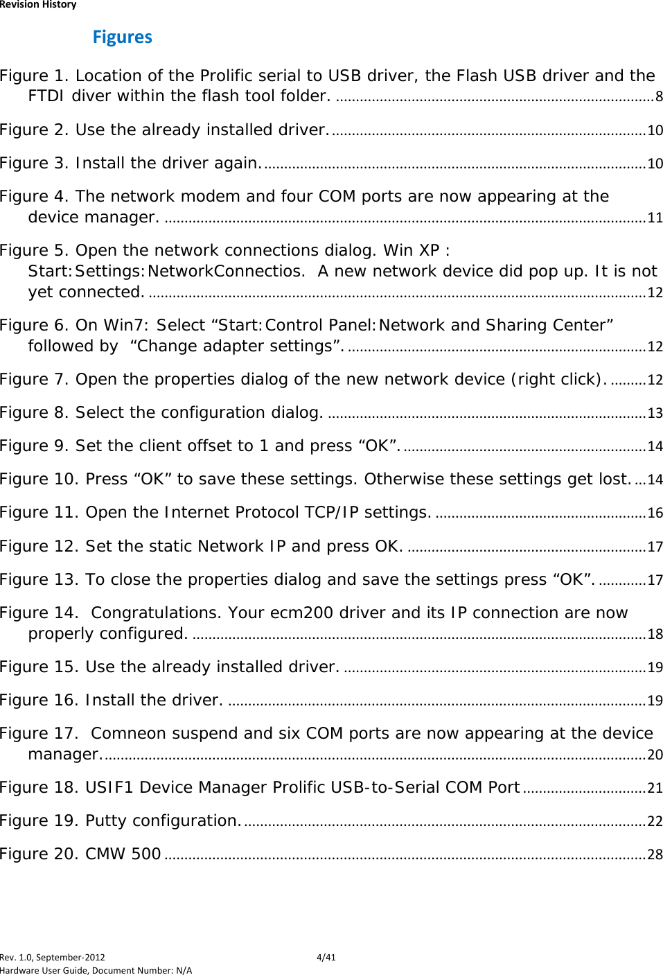    Revision History Rev. 1.0, September-2012  4/41 Hardware User Guide, Document Number: N/A Figures Figure 1. Location of the Prolific serial to USB driver, the Flash USB driver and the FTDI diver within the flash tool folder. ................................................................................ 8 Figure 2. Use the already installed driver. ............................................................................... 10 Figure 3. Install the driver again. ................................................................................................ 10 Figure 4. The network modem and four COM ports are now appearing at the device manager. ......................................................................................................................... 11 Figure 5. Open the network connections dialog. Win XP : Start:Settings:NetworkConnectios.  A new network device did pop up. It is not yet connected. ............................................................................................................................. 12 Figure 6. On Win7: Select “Start:Control Panel:Network and Sharing Center” followed by  “Change adapter settings”. ........................................................................... 12 Figure 7. Open the properties dialog of the new network device (right click). ......... 12 Figure 8. Select the configuration dialog. ................................................................................ 13 Figure 9. Set the client offset to 1 and press “OK”. ............................................................. 14 Figure 10. Press “OK” to save these settings. Otherwise these settings get lost. ... 14 Figure 11. Open the Internet Protocol TCP/IP settings. ..................................................... 16 Figure 12. Set the static Network IP and press OK. ............................................................ 17 Figure 13. To close the properties dialog and save the settings press “OK”. ............ 17 Figure 14.  Congratulations. Your ecm200 driver and its IP connection are now properly configured. .................................................................................................................. 18 Figure 15. Use the already installed driver. ............................................................................ 19 Figure 16. Install the driver. ......................................................................................................... 19 Figure 17.  Comneon suspend and six COM ports are now appearing at the device manager. ........................................................................................................................................ 20 Figure 18. USIF1 Device Manager Prolific USB-to-Serial COM Port ............................... 21 Figure 19. Putty configuration. ..................................................................................................... 22 Figure 20. CMW 500 ......................................................................................................................... 28 