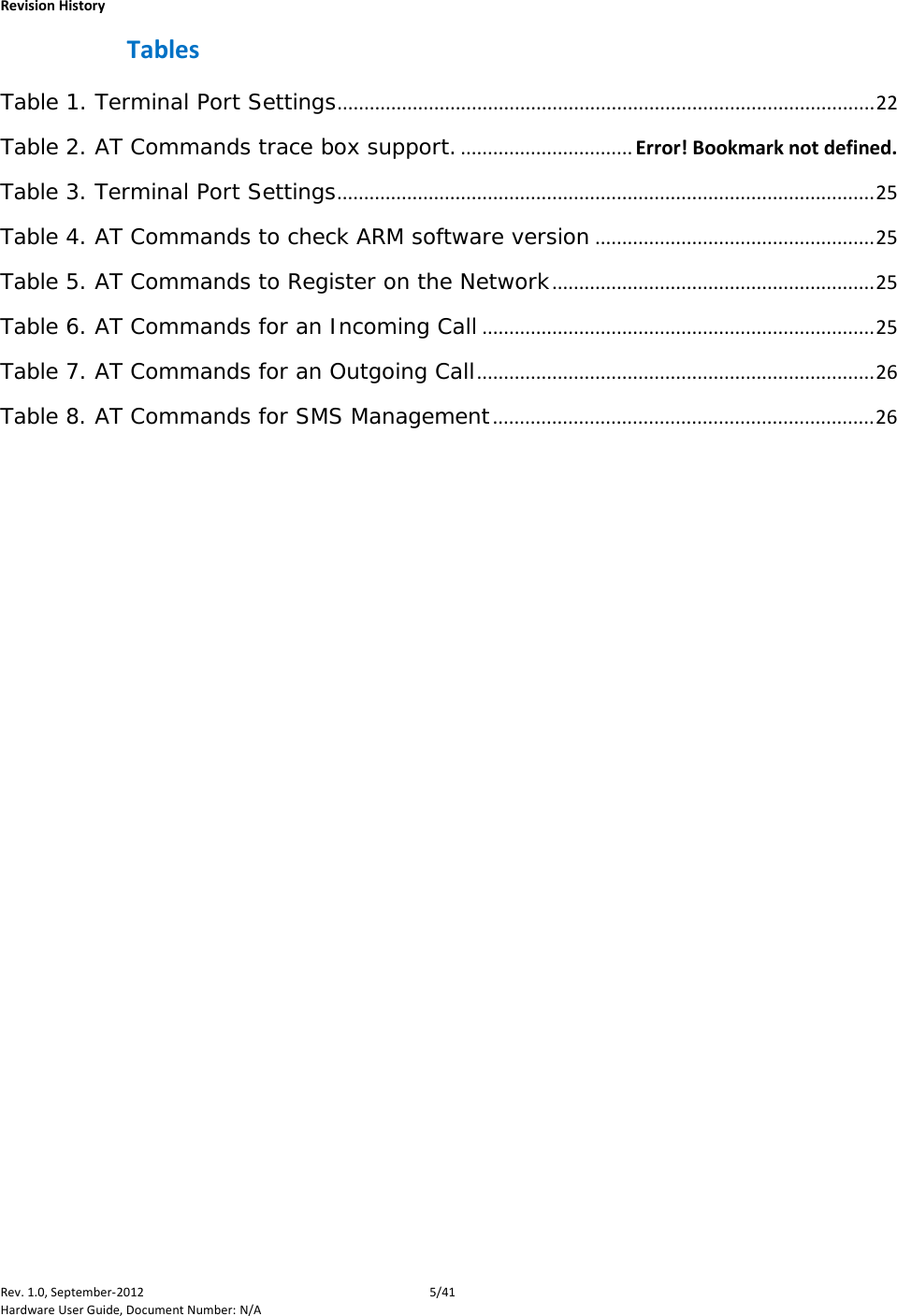    Revision History Rev. 1.0, September-2012  5/41 Hardware User Guide, Document Number: N/A Tables Table 1. Terminal Port Settings .................................................................................................... 22 Table 2. AT Commands trace box support. ................................ Error! Bookmark not defined. Table 3. Terminal Port Settings .................................................................................................... 25 Table 4. AT Commands to check ARM software version .................................................... 25 Table 5. AT Commands to Register on the Network ............................................................ 25 Table 6. AT Commands for an Incoming Call ......................................................................... 25 Table 7. AT Commands for an Outgoing Call .......................................................................... 26 Table 8. AT Commands for SMS Management ....................................................................... 26  