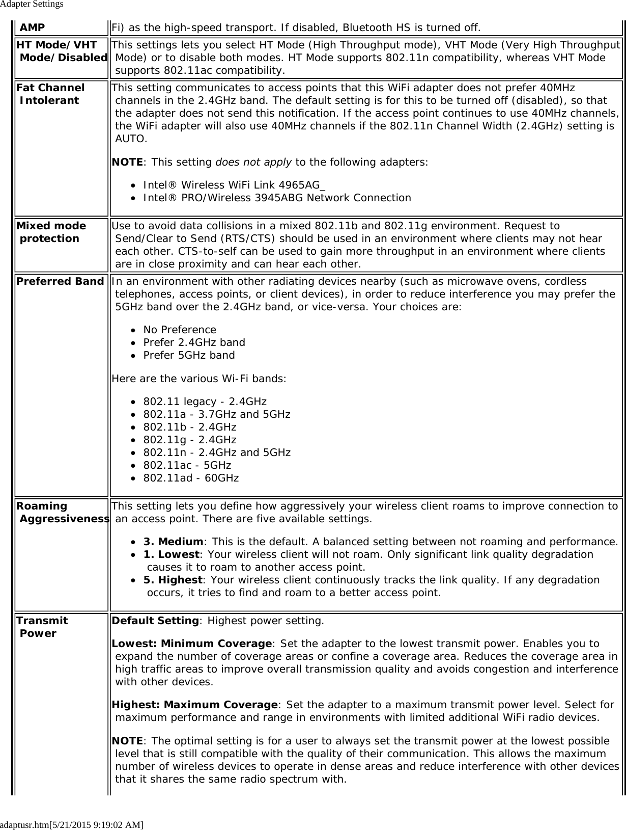 Adapter Settingsadaptusr.htm[5/21/2015 9:19:02 AM] AMP Fi) as the high-speed transport. If disabled, Bluetooth HS is turned off.HT Mode/VHT Mode/Disabled This settings lets you select HT Mode (High Throughput mode), VHT Mode (Very High Throughput Mode) or to disable both modes. HT Mode supports 802.11n compatibility, whereas VHT Mode supports 802.11ac compatibility.Fat Channel Intolerant This setting communicates to access points that this WiFi adapter does not prefer 40MHz channels in the 2.4GHz band. The default setting is for this to be turned off (disabled), so that the adapter does not send this notification. If the access point continues to use 40MHz channels, the WiFi adapter will also use 40MHz channels if the 802.11n Channel Width (2.4GHz) setting is AUTO.NOTE: This setting does not apply to the following adapters:Intel® Wireless WiFi Link 4965AG_Intel® PRO/Wireless 3945ABG Network ConnectionMixed mode protection Use to avoid data collisions in a mixed 802.11b and 802.11g environment. Request to Send/Clear to Send (RTS/CTS) should be used in an environment where clients may not hear each other. CTS-to-self can be used to gain more throughput in an environment where clients are in close proximity and can hear each other.Preferred Band In an environment with other radiating devices nearby (such as microwave ovens, cordless telephones, access points, or client devices), in order to reduce interference you may prefer the 5GHz band over the 2.4GHz band, or vice-versa. Your choices are:No PreferencePrefer 2.4GHz bandPrefer 5GHz bandHere are the various Wi-Fi bands:802.11 legacy - 2.4GHz802.11a - 3.7GHz and 5GHz802.11b - 2.4GHz802.11g - 2.4GHz802.11n - 2.4GHz and 5GHz802.11ac - 5GHz802.11ad - 60GHzRoaming AggressivenessThis setting lets you define how aggressively your wireless client roams to improve connection to an access point. There are five available settings.3. Medium: This is the default. A balanced setting between not roaming and performance.1. Lowest: Your wireless client will not roam. Only significant link quality degradation causes it to roam to another access point.5. Highest: Your wireless client continuously tracks the link quality. If any degradation occurs, it tries to find and roam to a better access point.Transmit Power Default Setting: Highest power setting.Lowest: Minimum Coverage: Set the adapter to the lowest transmit power. Enables you to expand the number of coverage areas or confine a coverage area. Reduces the coverage area in high traffic areas to improve overall transmission quality and avoids congestion and interference with other devices.Highest: Maximum Coverage: Set the adapter to a maximum transmit power level. Select for maximum performance and range in environments with limited additional WiFi radio devices.NOTE: The optimal setting is for a user to always set the transmit power at the lowest possible level that is still compatible with the quality of their communication. This allows the maximum number of wireless devices to operate in dense areas and reduce interference with other devices that it shares the same radio spectrum with.