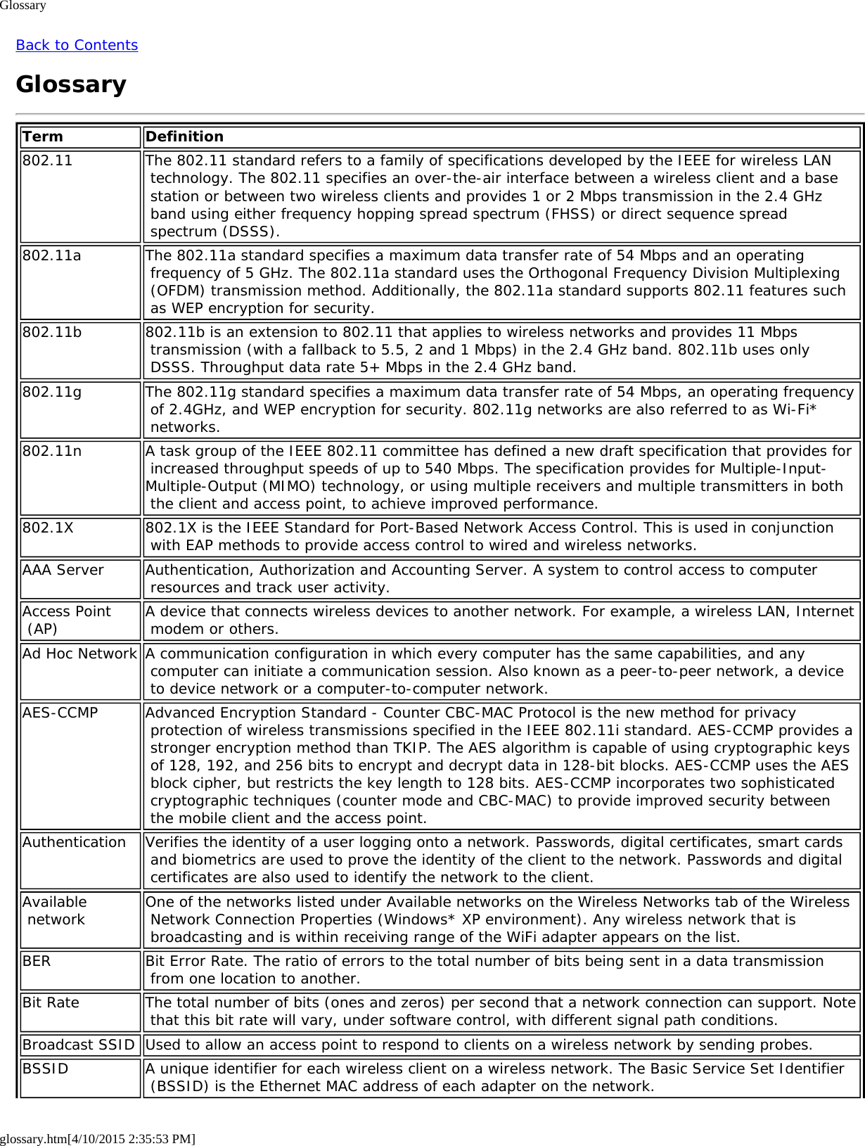 Glossaryglossary.htm[4/10/2015 2:35:53 PM]Back to ContentsGlossaryTerm Definition802.11 The 802.11 standard refers to a family of specifications developed by the IEEE for wireless LAN technology. The 802.11 specifies an over-the-air interface between a wireless client and a base station or between two wireless clients and provides 1 or 2 Mbps transmission in the 2.4 GHz band using either frequency hopping spread spectrum (FHSS) or direct sequence spread spectrum (DSSS).802.11a The 802.11a standard specifies a maximum data transfer rate of 54 Mbps and an operating frequency of 5 GHz. The 802.11a standard uses the Orthogonal Frequency Division Multiplexing (OFDM) transmission method. Additionally, the 802.11a standard supports 802.11 features such as WEP encryption for security.802.11b 802.11b is an extension to 802.11 that applies to wireless networks and provides 11 Mbps transmission (with a fallback to 5.5, 2 and 1 Mbps) in the 2.4 GHz band. 802.11b uses only DSSS. Throughput data rate 5+ Mbps in the 2.4 GHz band.802.11g The 802.11g standard specifies a maximum data transfer rate of 54 Mbps, an operating frequency of 2.4GHz, and WEP encryption for security. 802.11g networks are also referred to as Wi-Fi* networks.802.11n A task group of the IEEE 802.11 committee has defined a new draft specification that provides for increased throughput speeds of up to 540 Mbps. The specification provides for Multiple-Input-Multiple-Output (MIMO) technology, or using multiple receivers and multiple transmitters in both the client and access point, to achieve improved performance.802.1X 802.1X is the IEEE Standard for Port-Based Network Access Control. This is used in conjunction with EAP methods to provide access control to wired and wireless networks.AAA Server Authentication, Authorization and Accounting Server. A system to control access to computer resources and track user activity.Access Point (AP) A device that connects wireless devices to another network. For example, a wireless LAN, Internet modem or others.Ad Hoc Network A communication configuration in which every computer has the same capabilities, and any computer can initiate a communication session. Also known as a peer-to-peer network, a device to device network or a computer-to-computer network.AES-CCMP Advanced Encryption Standard - Counter CBC-MAC Protocol is the new method for privacy protection of wireless transmissions specified in the IEEE 802.11i standard. AES-CCMP provides a stronger encryption method than TKIP. The AES algorithm is capable of using cryptographic keys of 128, 192, and 256 bits to encrypt and decrypt data in 128-bit blocks. AES-CCMP uses the AES block cipher, but restricts the key length to 128 bits. AES-CCMP incorporates two sophisticated cryptographic techniques (counter mode and CBC-MAC) to provide improved security between the mobile client and the access point.Authentication Verifies the identity of a user logging onto a network. Passwords, digital certificates, smart cards and biometrics are used to prove the identity of the client to the network. Passwords and digital certificates are also used to identify the network to the client.Available network One of the networks listed under Available networks on the Wireless Networks tab of the Wireless Network Connection Properties (Windows* XP environment). Any wireless network that is broadcasting and is within receiving range of the WiFi adapter appears on the list.BER Bit Error Rate. The ratio of errors to the total number of bits being sent in a data transmission from one location to another.Bit Rate The total number of bits (ones and zeros) per second that a network connection can support. Note that this bit rate will vary, under software control, with different signal path conditions.Broadcast SSID Used to allow an access point to respond to clients on a wireless network by sending probes.BSSID A unique identifier for each wireless client on a wireless network. The Basic Service Set Identifier (BSSID) is the Ethernet MAC address of each adapter on the network.