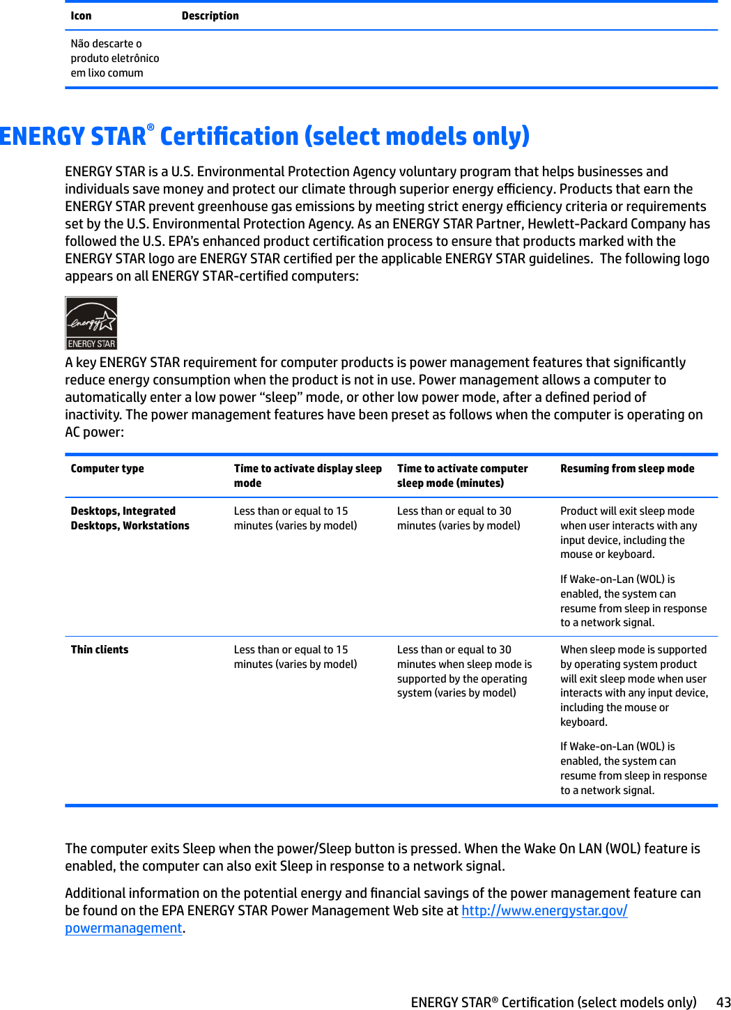 Icon DescriptionNão descarte o produto eletrônico em lixo comumENERGY STAR® Certication (select models only)ENERGY STAR is a U.S. Environmental Protection Agency voluntary program that helps businesses and individuals save money and protect our climate through superior energy eciency. Products that earn the ENERGY STAR prevent greenhouse gas emissions by meeting strict energy eciency criteria or requirements set by the U.S. Environmental Protection Agency. As an ENERGY STAR Partner, Hewlett-Packard Company has followed the U.S. EPA’s enhanced product certication process to ensure that products marked with the ENERGY STAR logo are ENERGY STAR certied per the applicable ENERGY STAR guidelines.  The following logo appears on all ENERGY STAR-certied computers:A key ENERGY STAR requirement for computer products is power management features that signicantly reduce energy consumption when the product is not in use. Power management allows a computer to automatically enter a low power “sleep” mode, or other low power mode, after a dened period of inactivity. The power management features have been preset as follows when the computer is operating on AC power:Computer type Time to activate display sleep modeTime to activate computer sleep mode (minutes)Resuming from sleep modeDesktops, Integrated Desktops, WorkstationsLess than or equal to 15 minutes (varies by model)Less than or equal to 30 minutes (varies by model)Product will exit sleep mode when user interacts with any input device, including the mouse or keyboard.If Wake-on-Lan (WOL) is enabled, the system can resume from sleep in response to a network signal.Thin clients  Less than or equal to 15 minutes (varies by model)Less than or equal to 30 minutes when sleep mode is supported by the operating system (varies by model)When sleep mode is supported by operating system product will exit sleep mode when user interacts with any input device, including the mouse or keyboard.If Wake-on-Lan (WOL) is enabled, the system can resume from sleep in response to a network signal.The computer exits Sleep when the power/Sleep button is pressed. When the Wake On LAN (WOL) feature is enabled, the computer can also exit Sleep in response to a network signal.Additional information on the potential energy and nancial savings of the power management feature can be found on the EPA ENERGY STAR Power Management Web site at http://www.energystar.gov/powermanagement.ENERGY STAR® Certication (select models only) 43