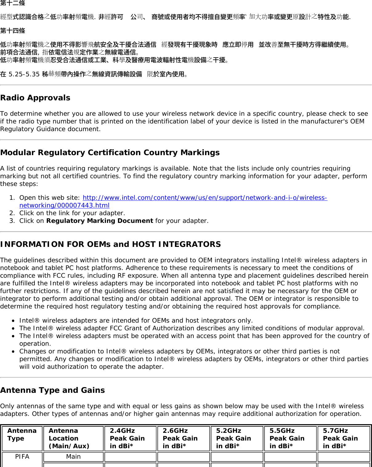 第十二條經型式認識合格之低功率射頻電機. 非經許可  公司、 商號或使用者均不得擅自變更頻率‵ 加大功率或變更原設計之特性及功能.第十四條低功率射頻電機之使用不得影響飛航安全及干擾合法通信 經發現有干擾現象時 應立即停用 並改善至無干擾時方得繼續使用。前項合法通信, 指依電信法規定作業之無線電通信。低功率射頻電機須忍受合法通信或工業、科學及醫療用電波輻射性電機設備之干擾。在 5.25-5.35 秭赫頻帶內操作之無線資訊傳輸設備 限於室內使用。Radio ApprovalsTo determine whether you are allowed to use your wireless network device in a specific country, please check to seeif the radio type number that is printed on the identification label of your device is listed in the manufacturer&apos;s OEMRegulatory Guidance document.Modular Regulatory Certification Country MarkingsA list of countries requiring regulatory markings is available. Note that the lists include only countries requiringmarking but not all certified countries. To find the regulatory country marking information for your adapter, performthese steps:1.  Open this web site: http://www.intel.com/content/www/us/en/support/network-and-i-o/wireless-networking/000007443.html2.  Click on the link for your adapter.3.  Click on Regulatory Marking Document for your adapter.INFORMATION FOR OEMs and HOST INTEGRATORSThe guidelines described within this document are provided to OEM integrators installing Intel® wireless adapters innotebook and tablet PC host platforms. Adherence to these requirements is necessary to meet the conditions ofcompliance with FCC rules, including RF exposure. When all antenna type and placement guidelines described hereinare fulfilled the Intel® wireless adapters may be incorporated into notebook and tablet PC host platforms with nofurther restrictions. If any of the guidelines described herein are not satisfied it may be necessary for the OEM orintegrator to perform additional testing and/or obtain additional approval. The OEM or integrator is responsible todetermine the required host regulatory testing and/or obtaining the required host approvals for compliance.Intel® wireless adapters are intended for OEMs and host integrators only.The Intel® wireless adapter FCC Grant of Authorization describes any limited conditions of modular approval.The Intel® wireless adapters must be operated with an access point that has been approved for the country ofoperation.Changes or modification to Intel® wireless adapters by OEMs, integrators or other third parties is notpermitted. Any changes or modification to Intel® wireless adapters by OEMs, integrators or other third partieswill void authorization to operate the adapter.Antenna Type and GainsOnly antennas of the same type and with equal or less gains as shown below may be used with the Intel® wirelessadapters. Other types of antennas and/or higher gain antennas may require additional authorization for operation.AntennaType AntennaLocation(Main/Aux)2.4GHzPeak Gainin dBi*2.6GHzPeak Gainin dBi*5.2GHzPeak Gainin dBi*5.5GHzPeak Gainin dBi*5.7GHzPeak Gainin dBi*PIFA Main