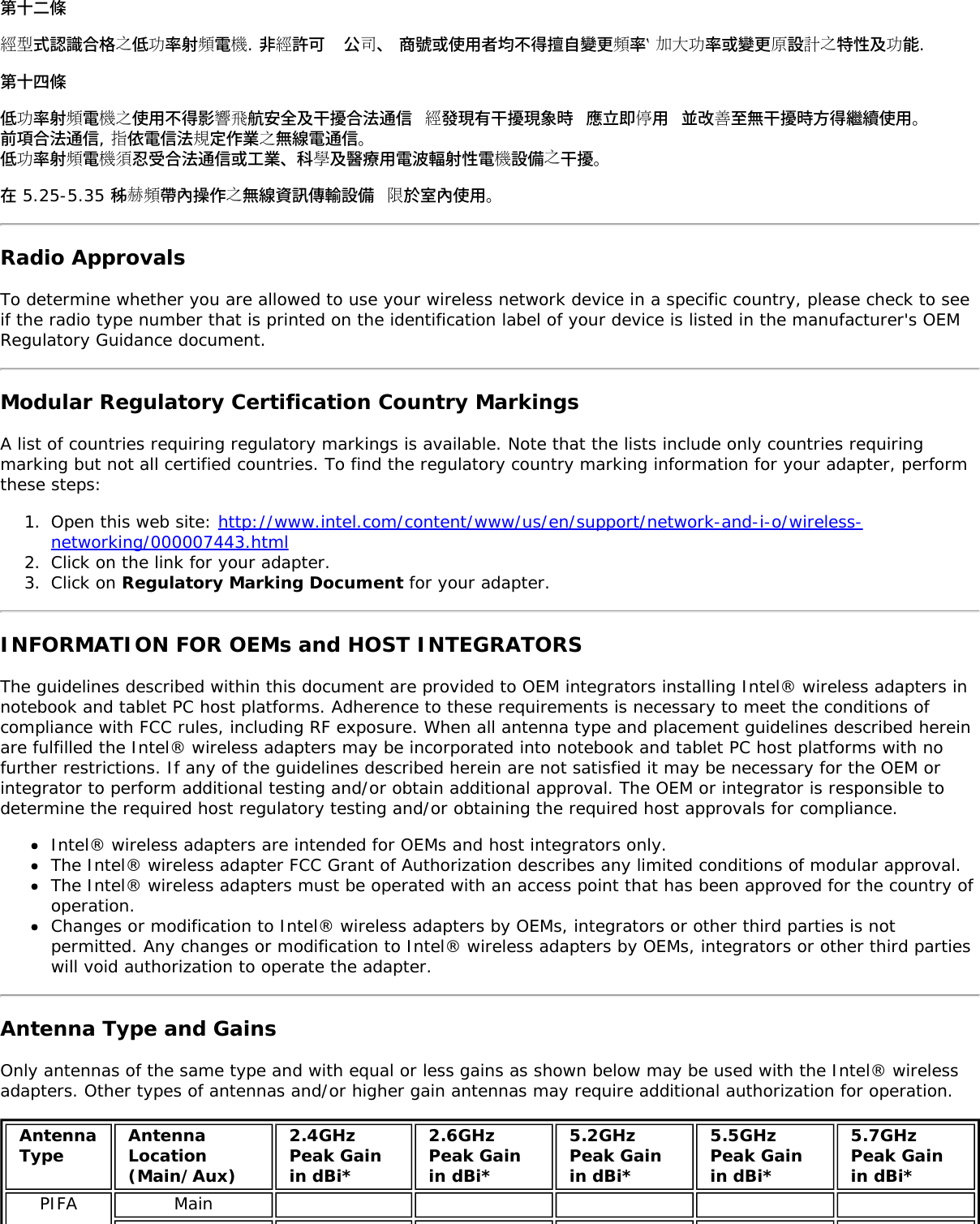 第十二條經型式認識合格之低功率射頻電機. 非經許可  公司、 商號或使用者均不得擅自變更頻率‵ 加大功率或變更原設計之特性及功能.第十四條低功率射頻電機之使用不得影響飛航安全及干擾合法通信 經發現有干擾現象時 應立即停用 並改善至無干擾時方得繼續使用。前項合法通信, 指依電信法規定作業之無線電通信。低功率射頻電機須忍受合法通信或工業、科學及醫療用電波輻射性電機設備之干擾。在 5.25-5.35 秭赫頻帶內操作之無線資訊傳輸設備 限於室內使用。Radio ApprovalsTo determine whether you are allowed to use your wireless network device in a specific country, please check to seeif the radio type number that is printed on the identification label of your device is listed in the manufacturer&apos;s OEMRegulatory Guidance document.Modular Regulatory Certification Country MarkingsA list of countries requiring regulatory markings is available. Note that the lists include only countries requiringmarking but not all certified countries. To find the regulatory country marking information for your adapter, performthese steps:1.  Open this web site: http://www.intel.com/content/www/us/en/support/network-and-i-o/wireless-networking/000007443.html2.  Click on the link for your adapter.3.  Click on Regulatory Marking Document for your adapter.INFORMATION FOR OEMs and HOST INTEGRATORSThe guidelines described within this document are provided to OEM integrators installing Intel® wireless adapters innotebook and tablet PC host platforms. Adherence to these requirements is necessary to meet the conditions ofcompliance with FCC rules, including RF exposure. When all antenna type and placement guidelines described hereinare fulfilled the Intel® wireless adapters may be incorporated into notebook and tablet PC host platforms with nofurther restrictions. If any of the guidelines described herein are not satisfied it may be necessary for the OEM orintegrator to perform additional testing and/or obtain additional approval. The OEM or integrator is responsible todetermine the required host regulatory testing and/or obtaining the required host approvals for compliance.Intel® wireless adapters are intended for OEMs and host integrators only.The Intel® wireless adapter FCC Grant of Authorization describes any limited conditions of modular approval.The Intel® wireless adapters must be operated with an access point that has been approved for the country ofoperation.Changes or modification to Intel® wireless adapters by OEMs, integrators or other third parties is notpermitted. Any changes or modification to Intel® wireless adapters by OEMs, integrators or other third partieswill void authorization to operate the adapter.Antenna Type and GainsOnly antennas of the same type and with equal or less gains as shown below may be used with the Intel® wirelessadapters. Other types of antennas and/or higher gain antennas may require additional authorization for operation.AntennaType AntennaLocation(Main/Aux)2.4GHzPeak Gainin dBi*2.6GHzPeak Gainin dBi*5.2GHzPeak Gainin dBi*5.5GHzPeak Gainin dBi*5.7GHzPeak Gainin dBi*PIFA Main