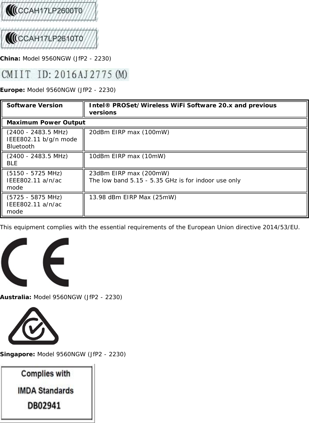 China: Model 9560NGW (JfP2 - 2230)Europe: Model 9560NGW (JfP2 - 2230)Software Version Intel® PROSet/Wireless WiFi Software 20.x and previousversionsMaximum Power Output(2400 - 2483.5 MHz)IEEE802.11 b/g/n modeBluetooth20dBm EIRP max (100mW)(2400 - 2483.5 MHz)BLE 10dBm EIRP max (10mW)(5150 - 5725 MHz)IEEE802.11 a/n/acmode23dBm EIRP max (200mW)The low band 5.15 - 5.35 GHz is for indoor use only(5725 - 5875 MHz)IEEE802.11 a/n/acmode13.98 dBm EIRP Max (25mW)This equipment complies with the essential requirements of the European Union directive 2014/53/EU.Australia: Model 9560NGW (JfP2 - 2230)Singapore: Model 9560NGW (JfP2 - 2230)