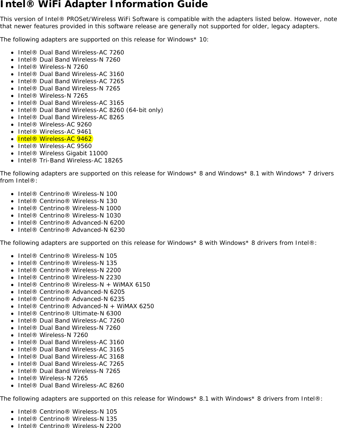 Intel® WiFi Adapter Information GuideThis version of Intel® PROSet/Wireless WiFi Software is compatible with the adapters listed below. However, notethat newer features provided in this software release are generally not supported for older, legacy adapters.The following adapters are supported on this release for Windows* 10:Intel® Dual Band Wireless-AC 7260Intel® Dual Band Wireless-N 7260Intel® Wireless-N 7260Intel® Dual Band Wireless-AC 3160Intel® Dual Band Wireless-AC 7265Intel® Dual Band Wireless-N 7265Intel® Wireless-N 7265Intel® Dual Band Wireless-AC 3165Intel® Dual Band Wireless-AC 8260 (64-bit only)Intel® Dual Band Wireless-AC 8265Intel® Wireless-AC 9260Intel® Wireless-AC 9461Intel® Wireless-AC 9462Intel® Wireless-AC 9560Intel® Wireless Gigabit 11000Intel® Tri-Band Wireless-AC 18265The following adapters are supported on this release for Windows* 8 and Windows* 8.1 with Windows* 7 driversfrom Intel®:Intel® Centrino® Wireless-N 100Intel® Centrino® Wireless-N 130Intel® Centrino® Wireless-N 1000Intel® Centrino® Wireless-N 1030Intel® Centrino® Advanced-N 6200Intel® Centrino® Advanced-N 6230The following adapters are supported on this release for Windows* 8 with Windows* 8 drivers from Intel®:Intel® Centrino® Wireless-N 105Intel® Centrino® Wireless-N 135Intel® Centrino® Wireless-N 2200Intel® Centrino® Wireless-N 2230Intel® Centrino® Wireless-N + WiMAX 6150Intel® Centrino® Advanced-N 6205Intel® Centrino® Advanced-N 6235Intel® Centrino® Advanced-N + WiMAX 6250Intel® Centrino® Ultimate-N 6300Intel® Dual Band Wireless-AC 7260Intel® Dual Band Wireless-N 7260Intel® Wireless-N 7260Intel® Dual Band Wireless-AC 3160Intel® Dual Band Wireless-AC 3165Intel® Dual Band Wireless-AC 3168Intel® Dual Band Wireless-AC 7265Intel® Dual Band Wireless-N 7265Intel® Wireless-N 7265Intel® Dual Band Wireless-AC 8260The following adapters are supported on this release for Windows* 8.1 with Windows* 8 drivers from Intel®:Intel® Centrino® Wireless-N 105Intel® Centrino® Wireless-N 135Intel® Centrino® Wireless-N 2200