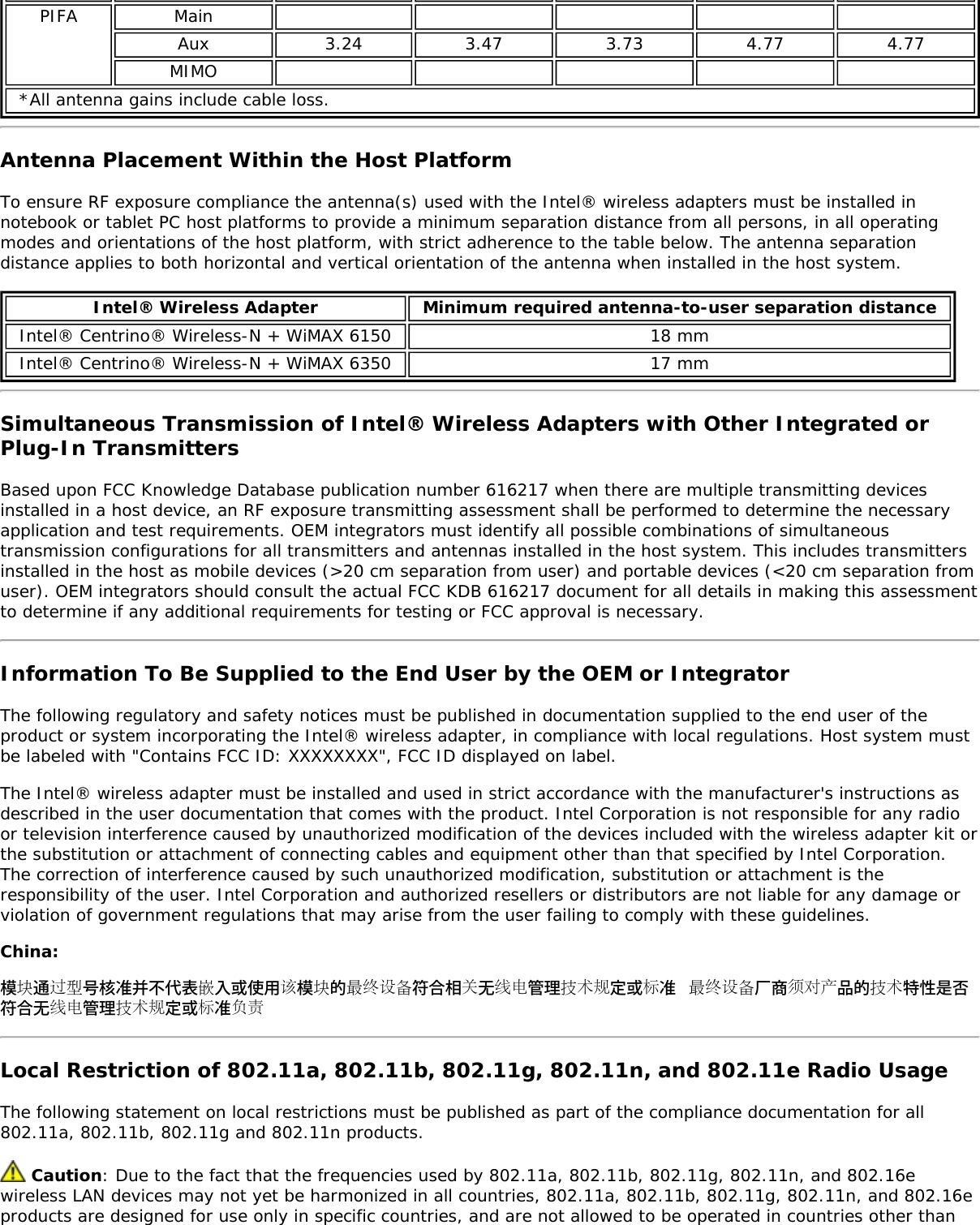 PIFA MainAux 3.24 3.47 3.73 4.77 4.77MIMO*All antenna gains include cable loss.Antenna Placement Within the Host PlatformTo ensure RF exposure compliance the antenna(s) used with the Intel® wireless adapters must be installed innotebook or tablet PC host platforms to provide a minimum separation distance from all persons, in all operatingmodes and orientations of the host platform, with strict adherence to the table below. The antenna separationdistance applies to both horizontal and vertical orientation of the antenna when installed in the host system.Intel® Wireless Adapter Minimum required antenna-to-user separation distanceIntel® Centrino® Wireless-N + WiMAX 6150 18 mmIntel® Centrino® Wireless-N + WiMAX 6350 17 mmSimultaneous Transmission of Intel® Wireless Adapters with Other Integrated orPlug-In TransmittersBased upon FCC Knowledge Database publication number 616217 when there are multiple transmitting devicesinstalled in a host device, an RF exposure transmitting assessment shall be performed to determine the necessaryapplication and test requirements. OEM integrators must identify all possible combinations of simultaneoustransmission configurations for all transmitters and antennas installed in the host system. This includes transmittersinstalled in the host as mobile devices (&gt;20 cm separation from user) and portable devices (&lt;20 cm separation fromuser). OEM integrators should consult the actual FCC KDB 616217 document for all details in making this assessmentto determine if any additional requirements for testing or FCC approval is necessary.Information To Be Supplied to the End User by the OEM or IntegratorThe following regulatory and safety notices must be published in documentation supplied to the end user of theproduct or system incorporating the Intel® wireless adapter, in compliance with local regulations. Host system mustbe labeled with &quot;Contains FCC ID: XXXXXXXX&quot;, FCC ID displayed on label.The Intel® wireless adapter must be installed and used in strict accordance with the manufacturer&apos;s instructions asdescribed in the user documentation that comes with the product. Intel Corporation is not responsible for any radioor television interference caused by unauthorized modification of the devices included with the wireless adapter kit orthe substitution or attachment of connecting cables and equipment other than that specified by Intel Corporation.The correction of interference caused by such unauthorized modification, substitution or attachment is theresponsibility of the user. Intel Corporation and authorized resellers or distributors are not liable for any damage orviolation of government regulations that may arise from the user failing to comply with these guidelines.China:模块通过型号核准并不代表嵌入或使用该模块的最终设备符合相关无线电管理技术规定或标准最终设备厂商须对产品的技术特性是否符合无线电管理技术规定或标准负责Local Restriction of 802.11a, 802.11b, 802.11g, 802.11n, and 802.11e Radio UsageThe following statement on local restrictions must be published as part of the compliance documentation for all802.11a, 802.11b, 802.11g and 802.11n products. Caution: Due to the fact that the frequencies used by 802.11a, 802.11b, 802.11g, 802.11n, and 802.16ewireless LAN devices may not yet be harmonized in all countries, 802.11a, 802.11b, 802.11g, 802.11n, and 802.16eproducts are designed for use only in specific countries, and are not allowed to be operated in countries other than