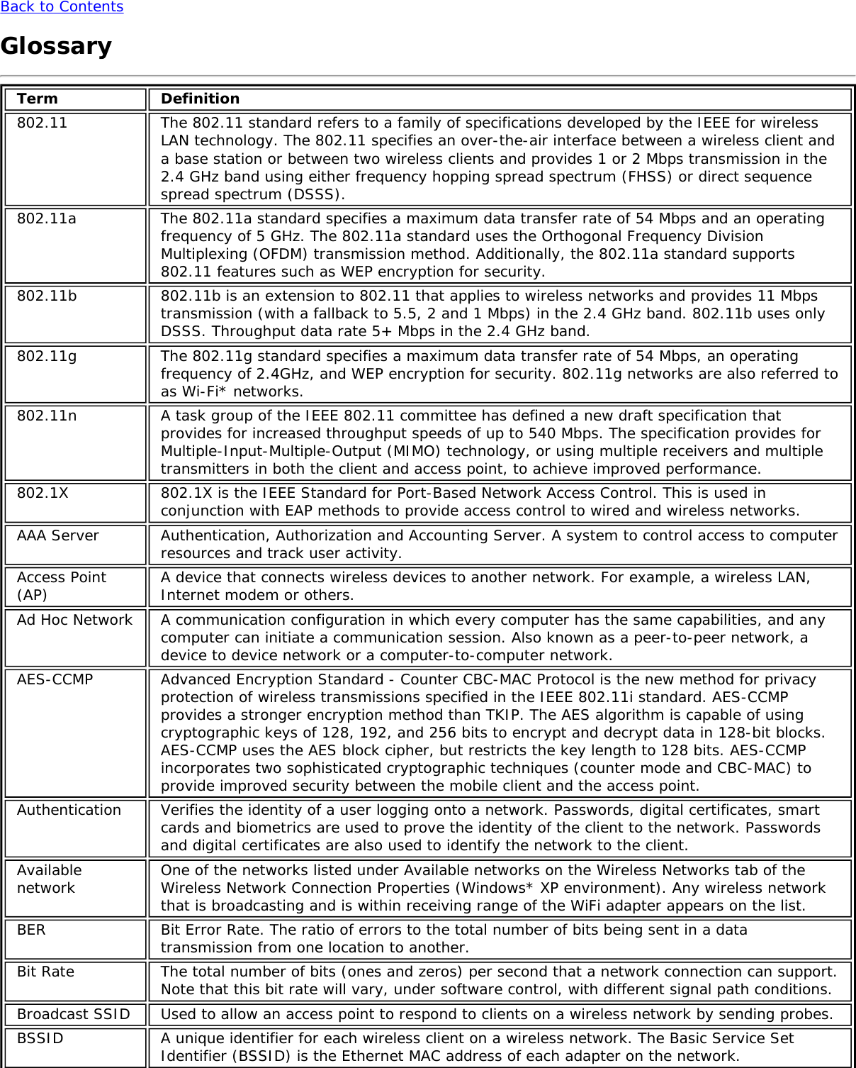 Back to ContentsGlossaryTerm Definition802.11 The 802.11 standard refers to a family of specifications developed by the IEEE for wirelessLAN technology. The 802.11 specifies an over-the-air interface between a wireless client anda base station or between two wireless clients and provides 1 or 2 Mbps transmission in the2.4 GHz band using either frequency hopping spread spectrum (FHSS) or direct sequencespread spectrum (DSSS).802.11a The 802.11a standard specifies a maximum data transfer rate of 54 Mbps and an operatingfrequency of 5 GHz. The 802.11a standard uses the Orthogonal Frequency DivisionMultiplexing (OFDM) transmission method. Additionally, the 802.11a standard supports802.11 features such as WEP encryption for security.802.11b 802.11b is an extension to 802.11 that applies to wireless networks and provides 11 Mbpstransmission (with a fallback to 5.5, 2 and 1 Mbps) in the 2.4 GHz band. 802.11b uses onlyDSSS. Throughput data rate 5+ Mbps in the 2.4 GHz band.802.11g The 802.11g standard specifies a maximum data transfer rate of 54 Mbps, an operatingfrequency of 2.4GHz, and WEP encryption for security. 802.11g networks are also referred toas Wi-Fi* networks.802.11n A task group of the IEEE 802.11 committee has defined a new draft specification thatprovides for increased throughput speeds of up to 540 Mbps. The specification provides forMultiple-Input-Multiple-Output (MIMO) technology, or using multiple receivers and multipletransmitters in both the client and access point, to achieve improved performance.802.1X 802.1X is the IEEE Standard for Port-Based Network Access Control. This is used inconjunction with EAP methods to provide access control to wired and wireless networks.AAA Server Authentication, Authorization and Accounting Server. A system to control access to computerresources and track user activity.Access Point(AP) A device that connects wireless devices to another network. For example, a wireless LAN,Internet modem or others.Ad Hoc Network A communication configuration in which every computer has the same capabilities, and anycomputer can initiate a communication session. Also known as a peer-to-peer network, adevice to device network or a computer-to-computer network.AES-CCMP Advanced Encryption Standard - Counter CBC-MAC Protocol is the new method for privacyprotection of wireless transmissions specified in the IEEE 802.11i standard. AES-CCMPprovides a stronger encryption method than TKIP. The AES algorithm is capable of usingcryptographic keys of 128, 192, and 256 bits to encrypt and decrypt data in 128-bit blocks.AES-CCMP uses the AES block cipher, but restricts the key length to 128 bits. AES-CCMPincorporates two sophisticated cryptographic techniques (counter mode and CBC-MAC) toprovide improved security between the mobile client and the access point.Authentication Verifies the identity of a user logging onto a network. Passwords, digital certificates, smartcards and biometrics are used to prove the identity of the client to the network. Passwordsand digital certificates are also used to identify the network to the client.Availablenetwork One of the networks listed under Available networks on the Wireless Networks tab of theWireless Network Connection Properties (Windows* XP environment). Any wireless networkthat is broadcasting and is within receiving range of the WiFi adapter appears on the list.BER Bit Error Rate. The ratio of errors to the total number of bits being sent in a datatransmission from one location to another.Bit Rate The total number of bits (ones and zeros) per second that a network connection can support.Note that this bit rate will vary, under software control, with different signal path conditions.Broadcast SSID Used to allow an access point to respond to clients on a wireless network by sending probes.BSSID A unique identifier for each wireless client on a wireless network. The Basic Service SetIdentifier (BSSID) is the Ethernet MAC address of each adapter on the network.