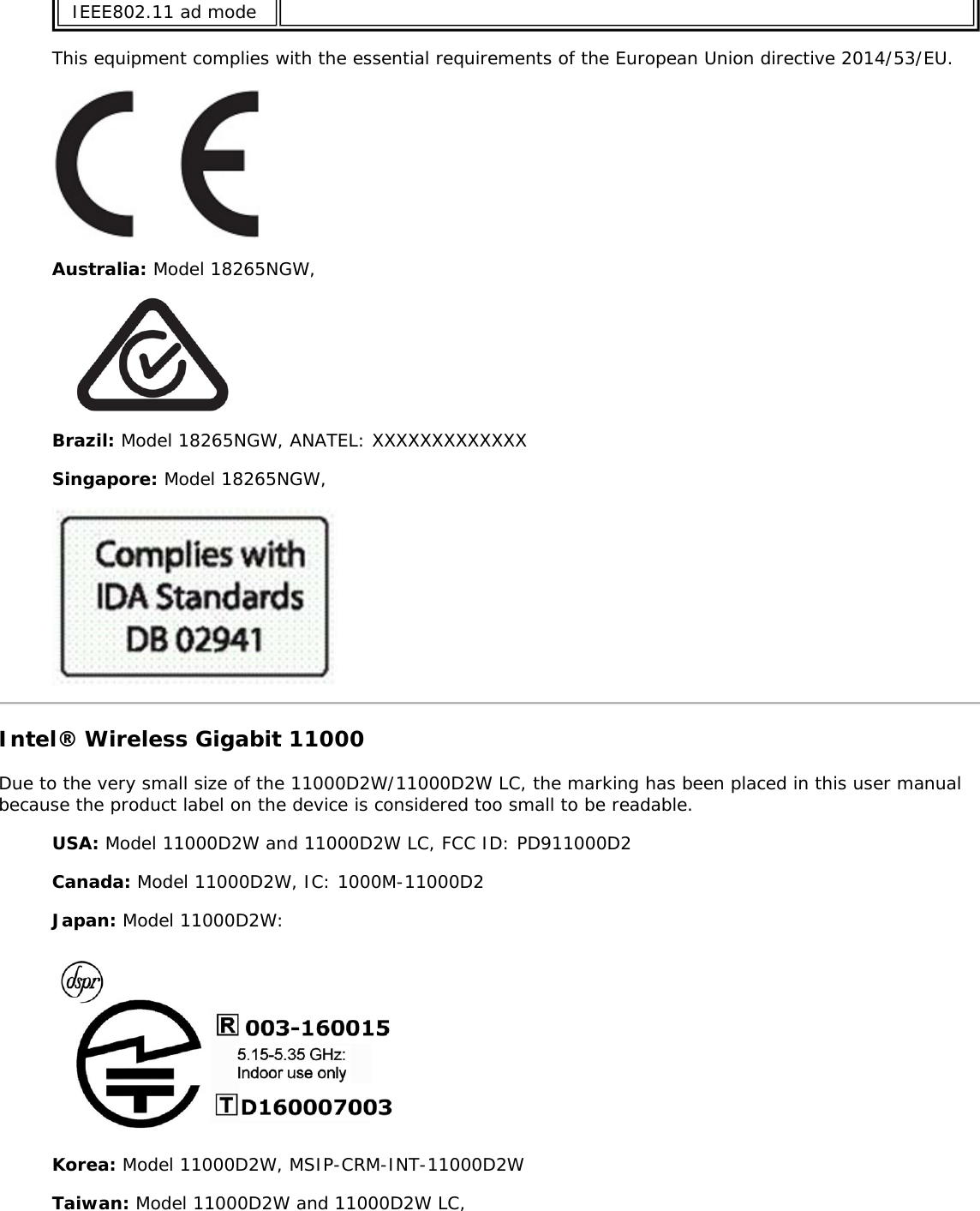 IEEE802.11 ad modeThis equipment complies with the essential requirements of the European Union directive 2014/53/EU.Australia: Model 18265NGW,Brazil: Model 18265NGW, ANATEL: XXXXXXXXXXXXXSingapore: Model 18265NGW,Intel® Wireless Gigabit 11000Due to the very small size of the 11000D2W/11000D2W LC, the marking has been placed in this user manualbecause the product label on the device is considered too small to be readable.USA: Model 11000D2W and 11000D2W LC, FCC ID: PD911000D2Canada: Model 11000D2W, IC: 1000M-11000D2Japan: Model 11000D2W:Korea: Model 11000D2W, MSIP-CRM-INT-11000D2WTaiwan: Model 11000D2W and 11000D2W LC,