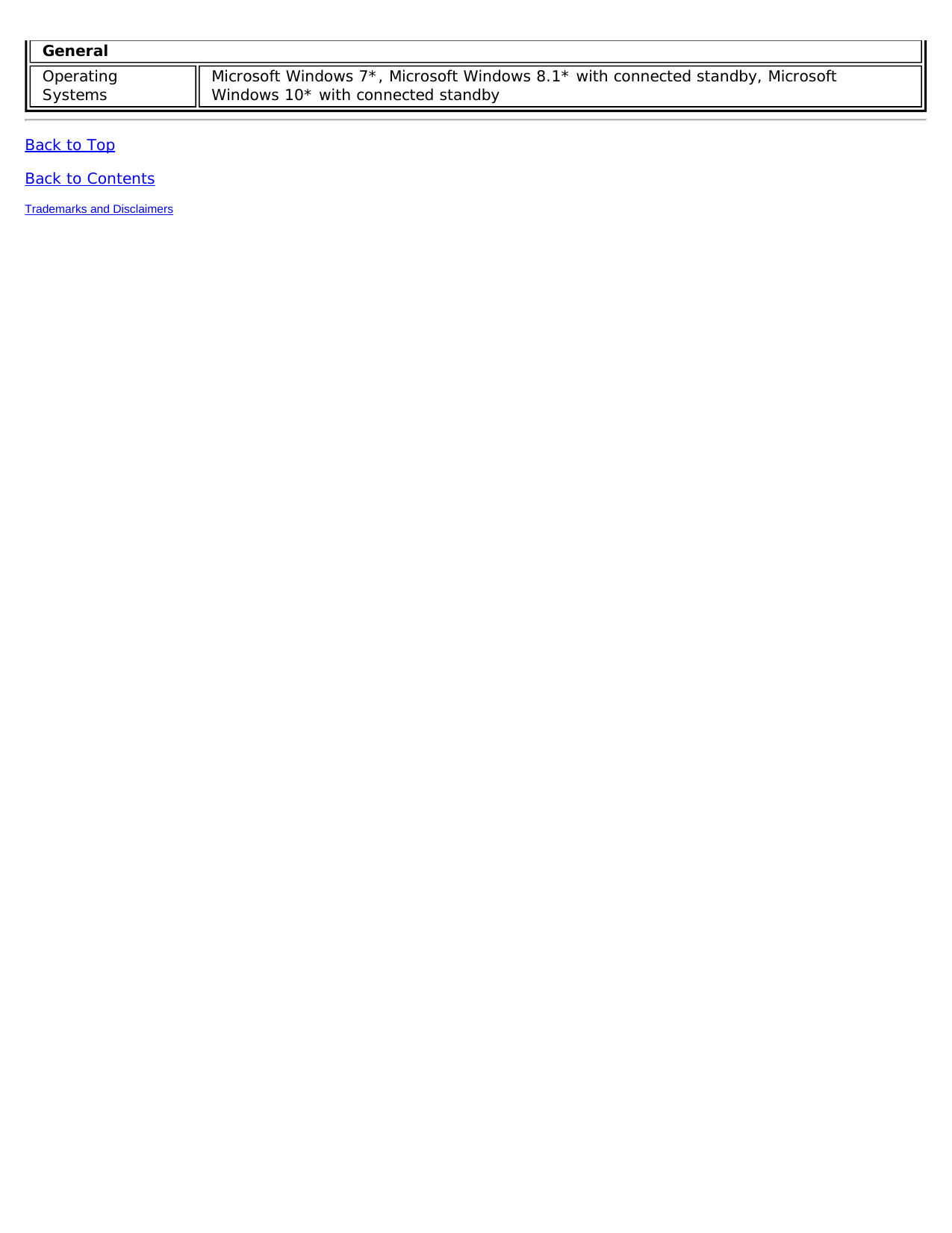 GeneralOperatingSystems Microsoft Windows 7*, Microsoft Windows 8.1* with connected standby, MicrosoftWindows 10* with connected standbyBack to TopBack to ContentsTrademarks and Disclaimers