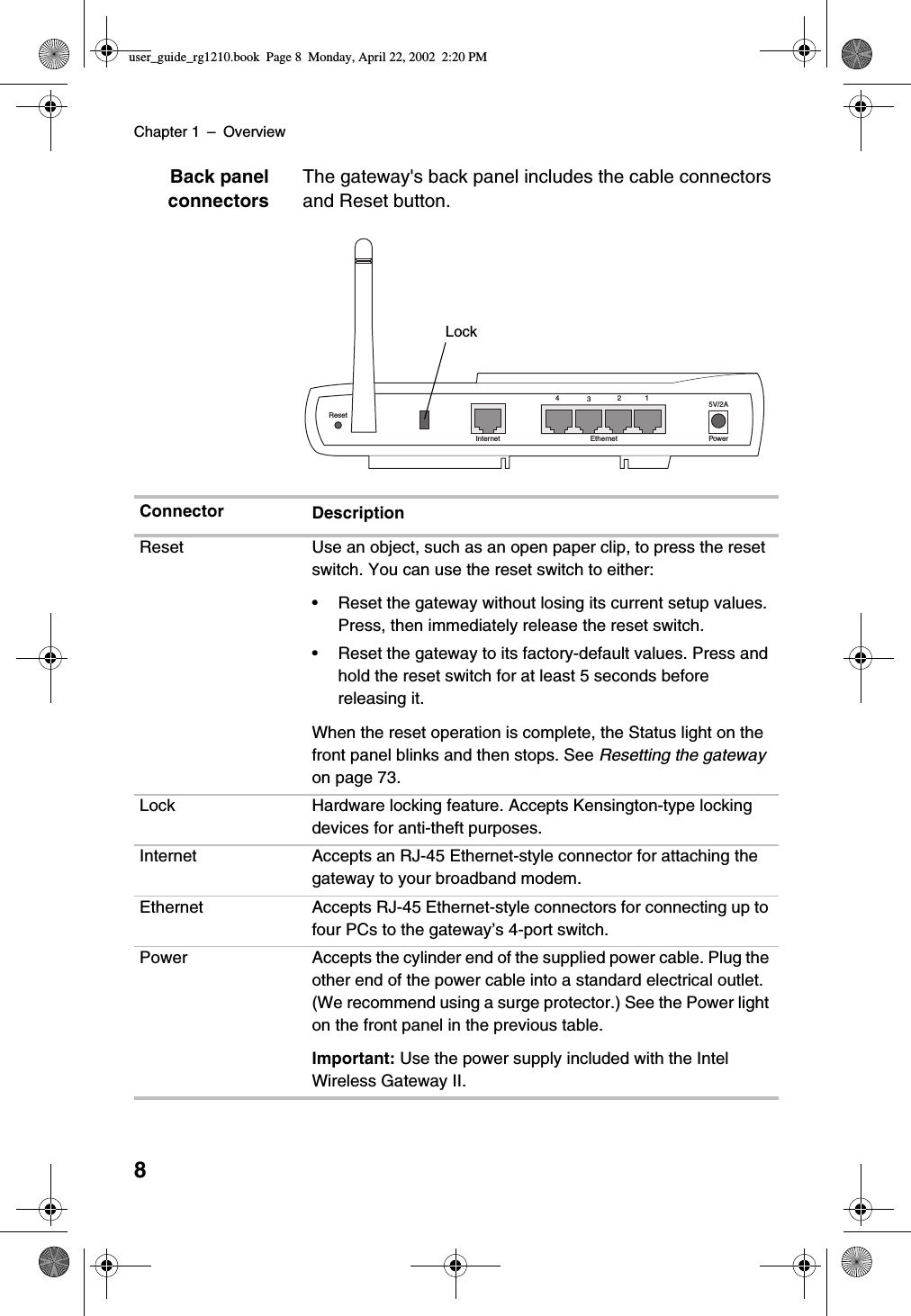 Chapter 1 –Overview8Back panelconnectorsThe gateway&apos;s back panel includes the cable connectorsand Reset button.ResetInternet Ethernet Power41235V/2ALockConnector DescriptionReset Use an object, such as an open paper clip, to press the resetswitch. You can use the reset switch to either:•Reset the gateway without losing its current setup values.Press, then immediately release the reset switch.•Reset the gateway to its factory-default values. Press andhold the reset switch for at least 5 seconds beforereleasing it.When the reset operation is complete, the Status light on thefront panel blinks and then stops. See Resetting the gatewayon page 73.Lock Hardware locking feature. Accepts Kensington-type lockingdevices for anti-theft purposes.Internet Accepts an RJ-45 Ethernet-style connector for attaching thegateway to your broadband modem.Ethernet Accepts RJ-45 Ethernet-style connectors for connecting up tofour PCs to the gateway’s 4-port switch.Power Accepts the cylinder end of the supplied power cable. Plug theother end of the power cable into a standard electrical outlet.(We recommend using a surge protector.) See the Power lighton the front panel in the previous table.Important: Use the power supply included with the IntelWireless Gateway II.user_guide_rg1210.book Page 8 Monday, April 22, 2002 2:20 PM