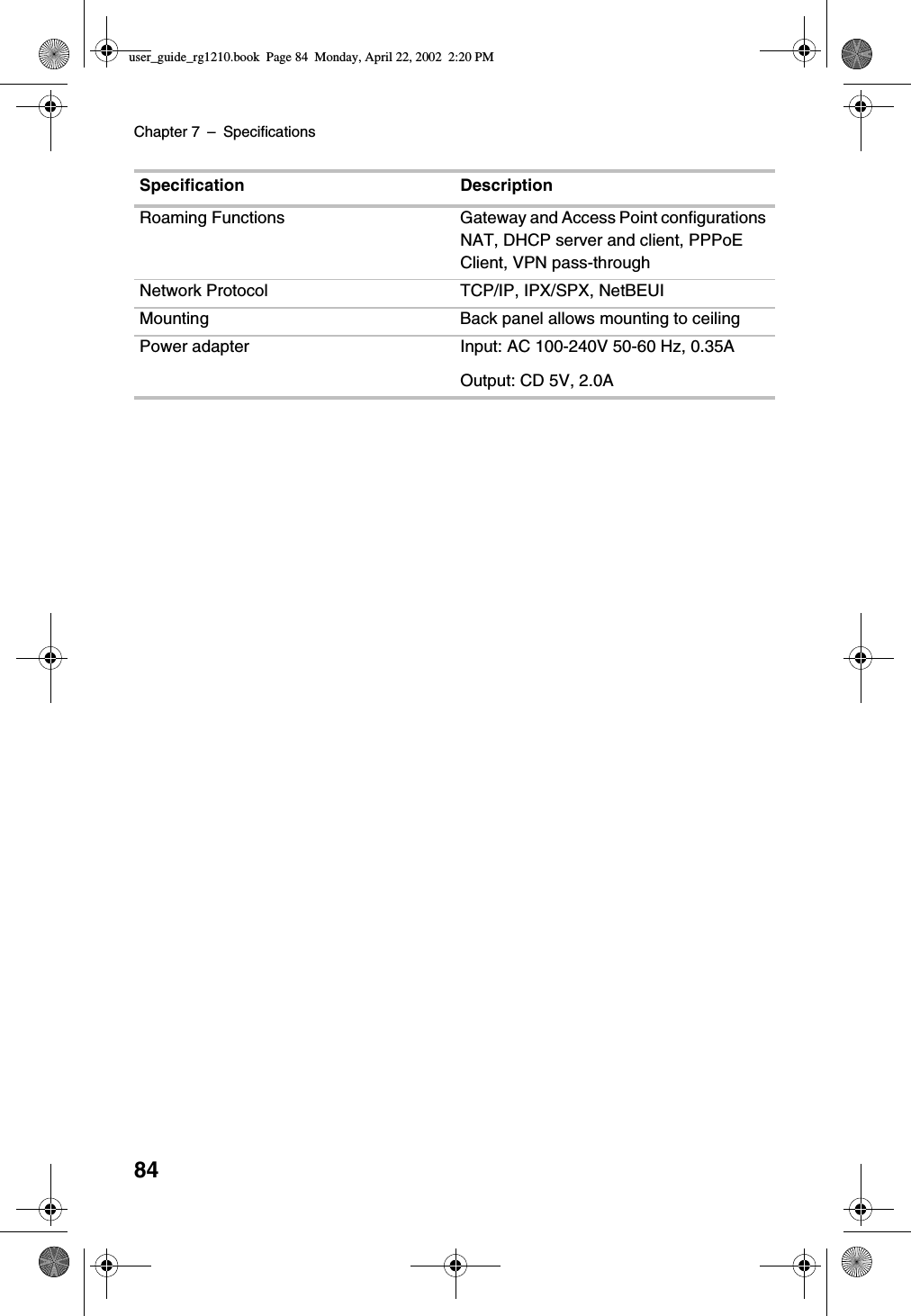 Chapter 7 –Specifications84Roaming Functions Gateway and Access Point configurationsNAT, DHCP server and client, PPPoEClient, VPN pass-throughNetwork Protocol TCP/IP, IPX/SPX, NetBEUIMounting Back panel allows mounting to ceilingPower adapter Input: AC 100-240V 50-60 Hz, 0.35AOutput: CD 5V, 2.0ASpecification Descriptionuser_guide_rg1210.book Page 84 Monday, April 22, 2002 2:20 PM