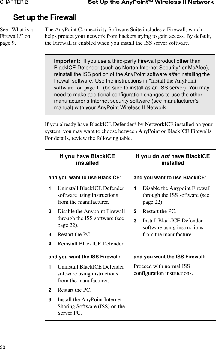 CHAPTER 2 Set Up the AnyPoint™ Wireless II Network20Set up the FirewallSee &quot;What is a Firewall?&quot; on page 9.The AnyPoint Connectivity Software Suite includes a Firewall, which helps protect your network from hackers trying to gain access. By default, the Firewall is enabled when you install the ISS server software.If you already have BlackICE Defender* by NetworkICE installed on your system, you may want to choose between AnyPoint or BlackICE Firewalls. For details, review the following table.Important:  If you use a third-party Firewall product other than BlackICE Defender (such as Norton Internet Security* or McAfee), reinstall the ISS portion of the AnyPoint software after installing the firewall software. Use the instructions in &quot;Install the AnyPoint software&quot; on page 11 (be sure to install as an ISS server). You may need to make additional configuration changes to use the other manufacturer’s Internet security software (see manufacturer’s manual) with your AnyPoint Wireless II Network.If you have BlackICE installed If you do not have BlackICE installedand you want to use BlackICE:1Uninstall BlackICE Defender software using instructions from the manufacturer.2Disable the Anypoint Firewall through the ISS software (see page 22).3Restart the PC.4Reinstall BlackICE Defender.and you want to use BlackICE:1Disable the Anypoint Firewall through the ISS software (see page 22).2Restart the PC.3Install BlackICE Defender software using instructions from the manufacturer.and you want the ISS Firewall:1Uninstall BlackICE Defender software using instructions from the manufacturer.2Restart the PC.3Install the AnyPoint Internet Sharing Software (ISS) on the Server PC. and you want the ISS Firewall:Proceed with normal ISS configuration instructions.