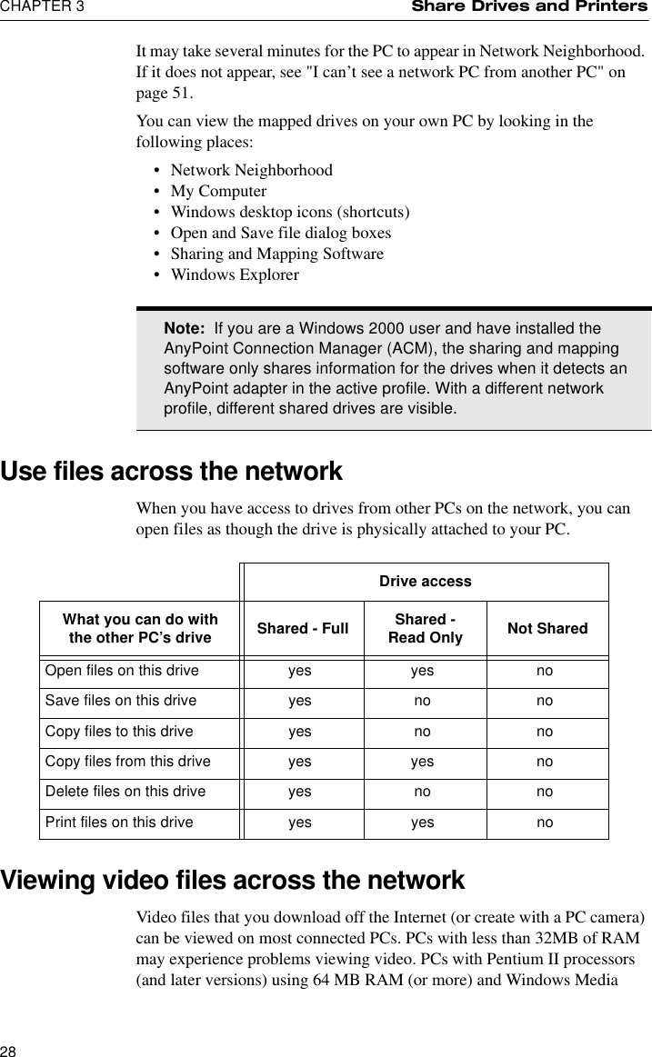 CHAPTER 3 Share Drives and Printers28It may take several minutes for the PC to appear in Network Neighborhood. If it does not appear, see &quot;I can’t see a network PC from another PC&quot; on page 51.You can view the mapped drives on your own PC by looking in the following places:•Network Neighborhood•My Computer•Windows desktop icons (shortcuts)•Open and Save file dialog boxes•Sharing and Mapping Software•Windows ExplorerUse files across the networkWhen you have access to drives from other PCs on the network, you can open files as though the drive is physically attached to your PC.Viewing video files across the networkVideo files that you download off the Internet (or create with a PC camera) can be viewed on most connected PCs. PCs with less than 32MB of RAM may experience problems viewing video. PCs with Pentium II processors (and later versions) using 64 MB RAM (or more) and Windows Media Note:  If you are a Windows 2000 user and have installed the AnyPoint Connection Manager (ACM), the sharing and mapping software only shares information for the drives when it detects an AnyPoint adapter in the active profile. With a different network profile, different shared drives are visible.Drive accessWhat you can do with the other PC’s drive Shared - Full Shared - Read Only Not SharedOpen files on this drive yes yes noSave files on this drive yes no noCopy files to this drive yes no noCopy files from this drive yes yes noDelete files on this drive yes no noPrint files on this drive yes yes no